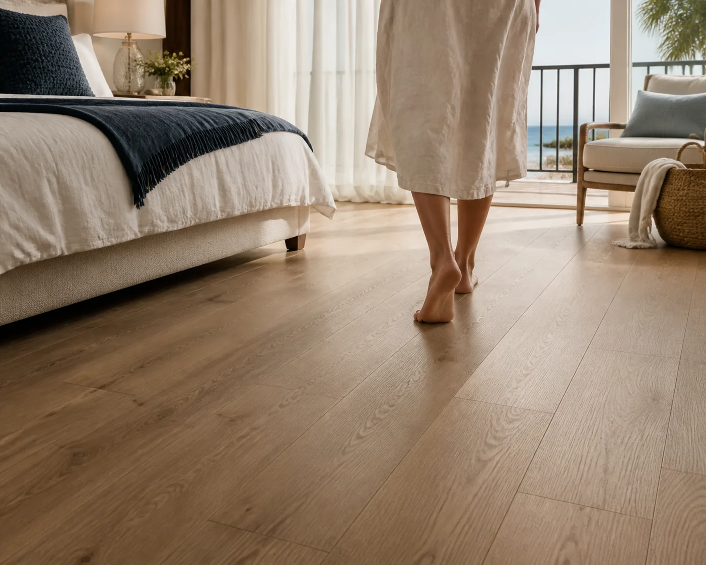 Bare feet on warm luxury plank flooring in a coastal guest retreat
