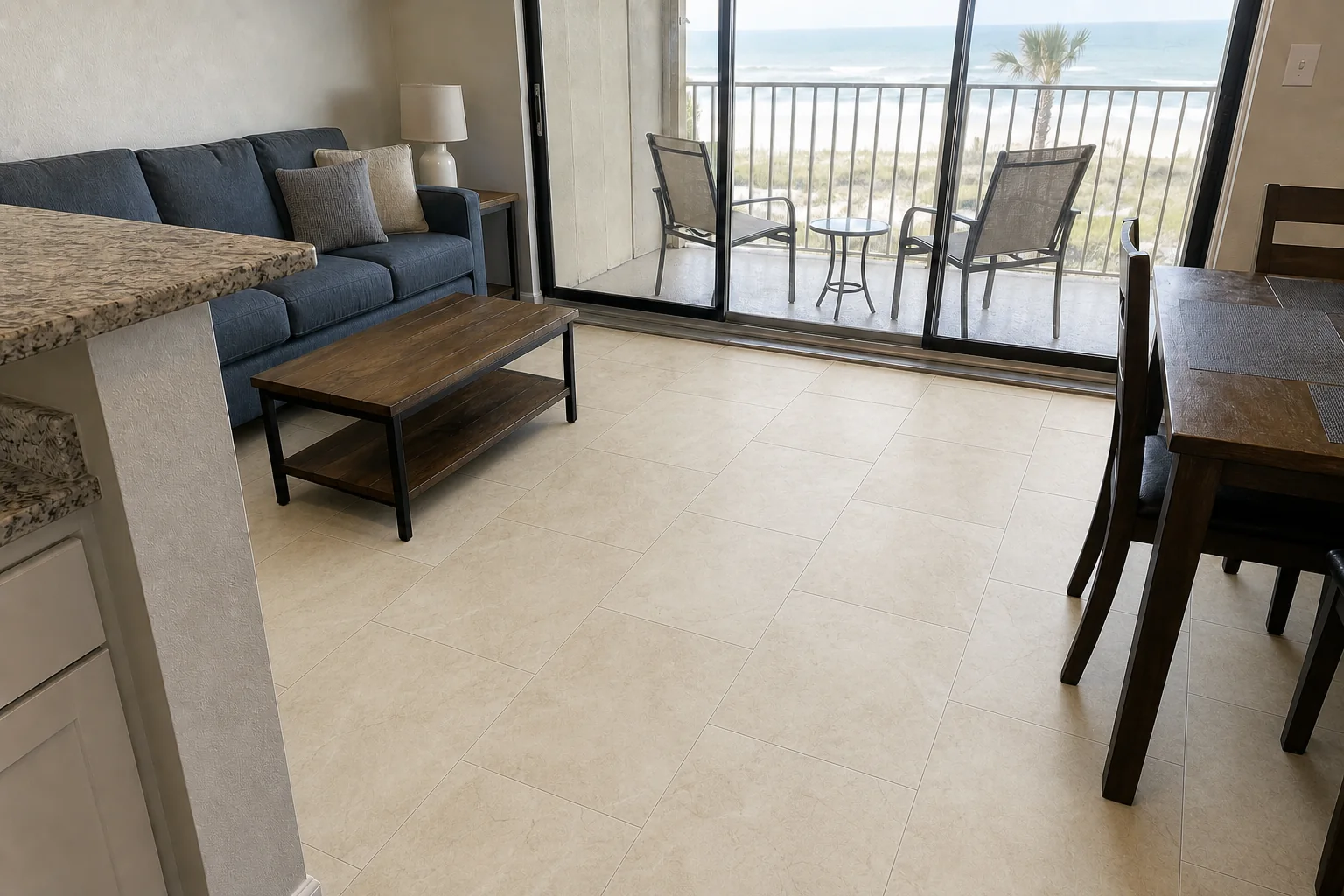 After waterproof luxury vinyl tile installation in Cape Canaveral FL using Champagne Limestone style flooring