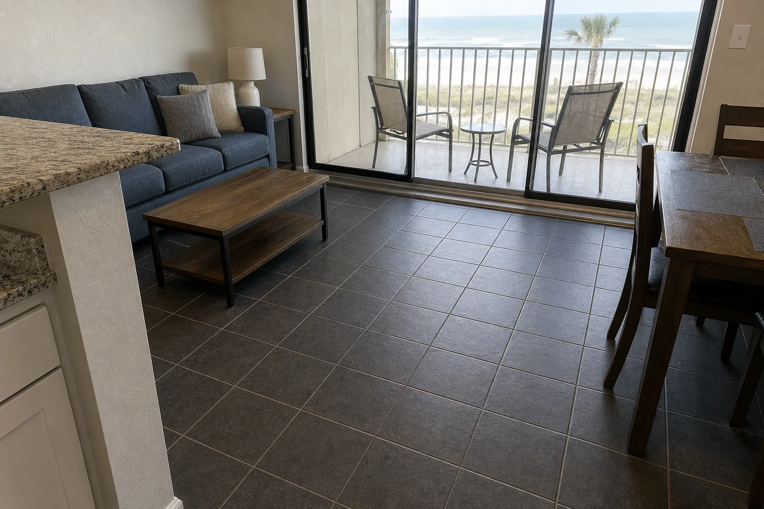 Before luxury vinyl tile installation in Cape Canaveral FL condo with dark ceramic tile
