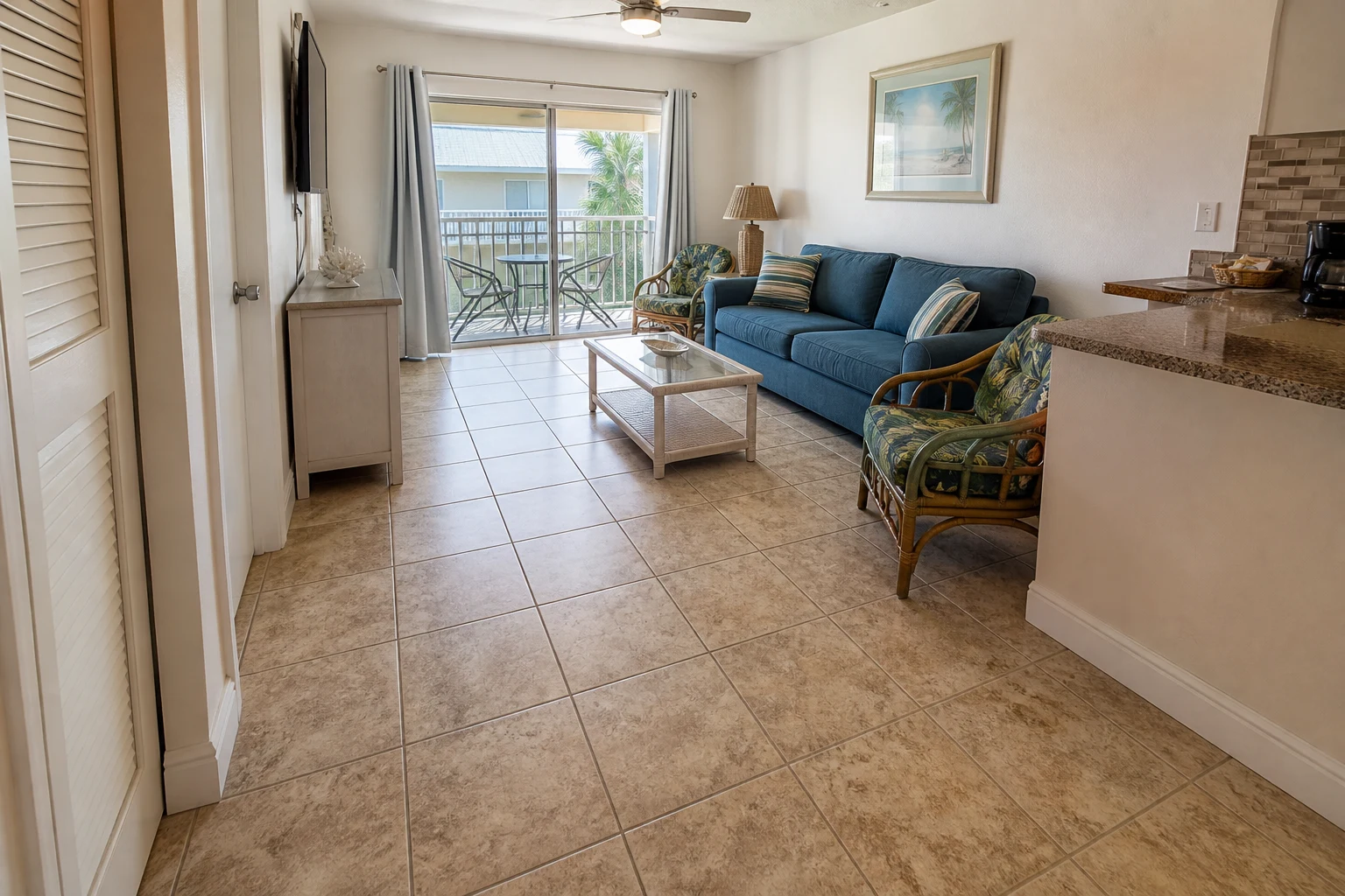 Before luxury vinyl plank flooring installation in Cocoa Beach FL condo with ceramic tile