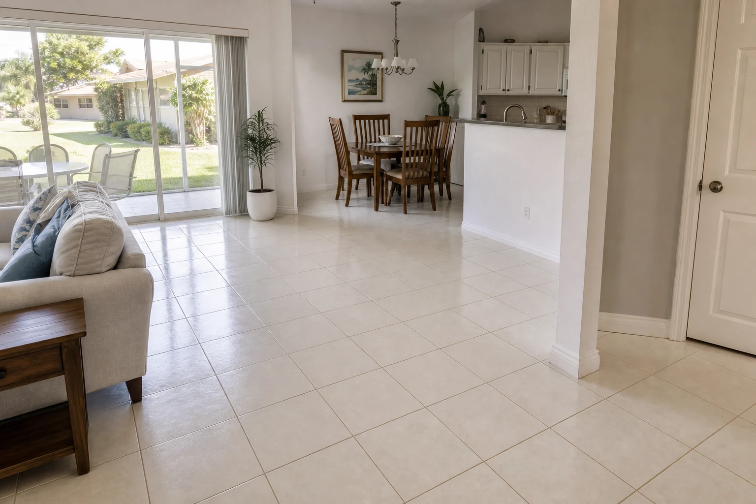 Before luxury vinyl plank flooring installation in Melbourne FL living room with ceramic tile