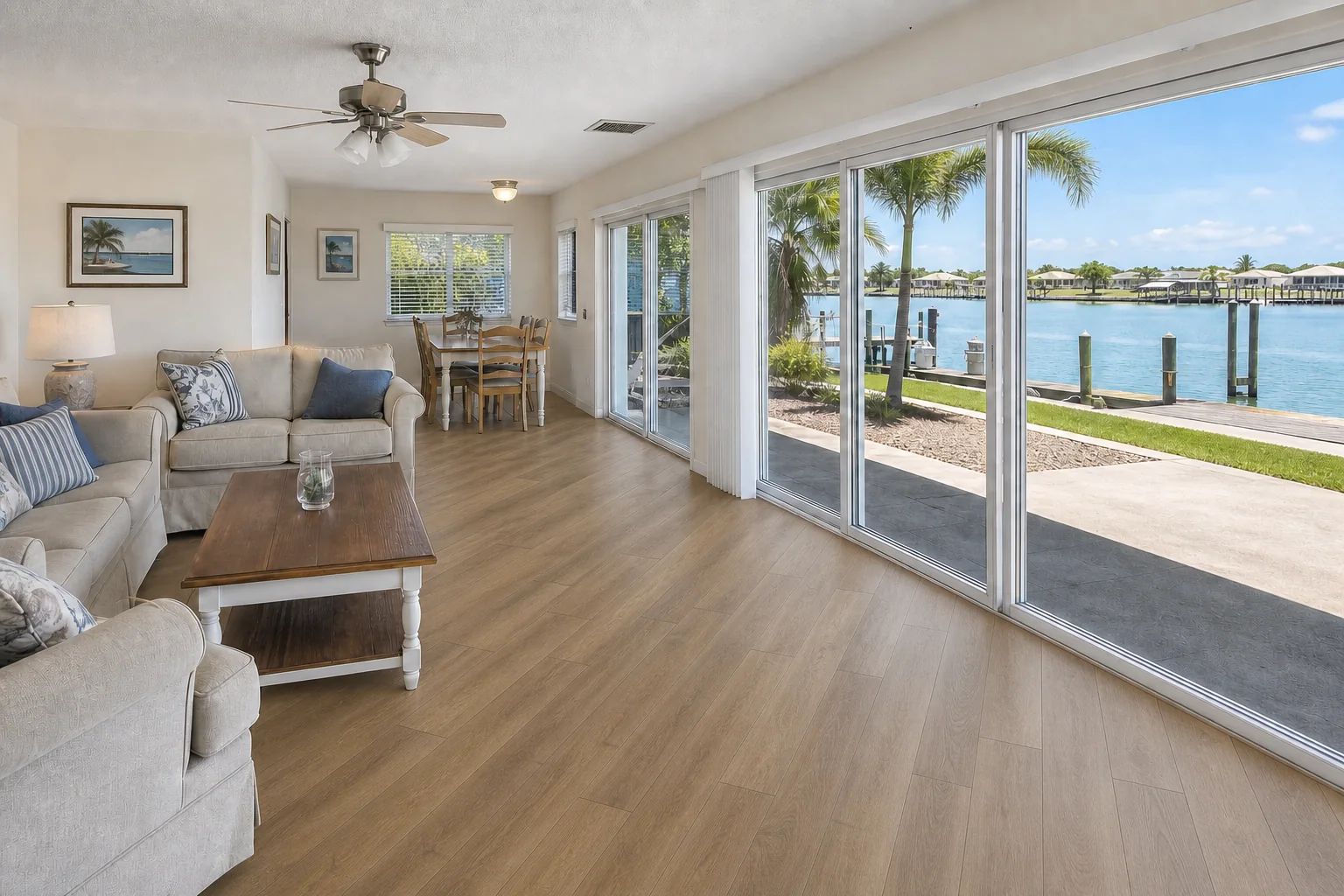 After diagonal luxury vinyl plank flooring installation in Merritt Island FL waterfront living room
