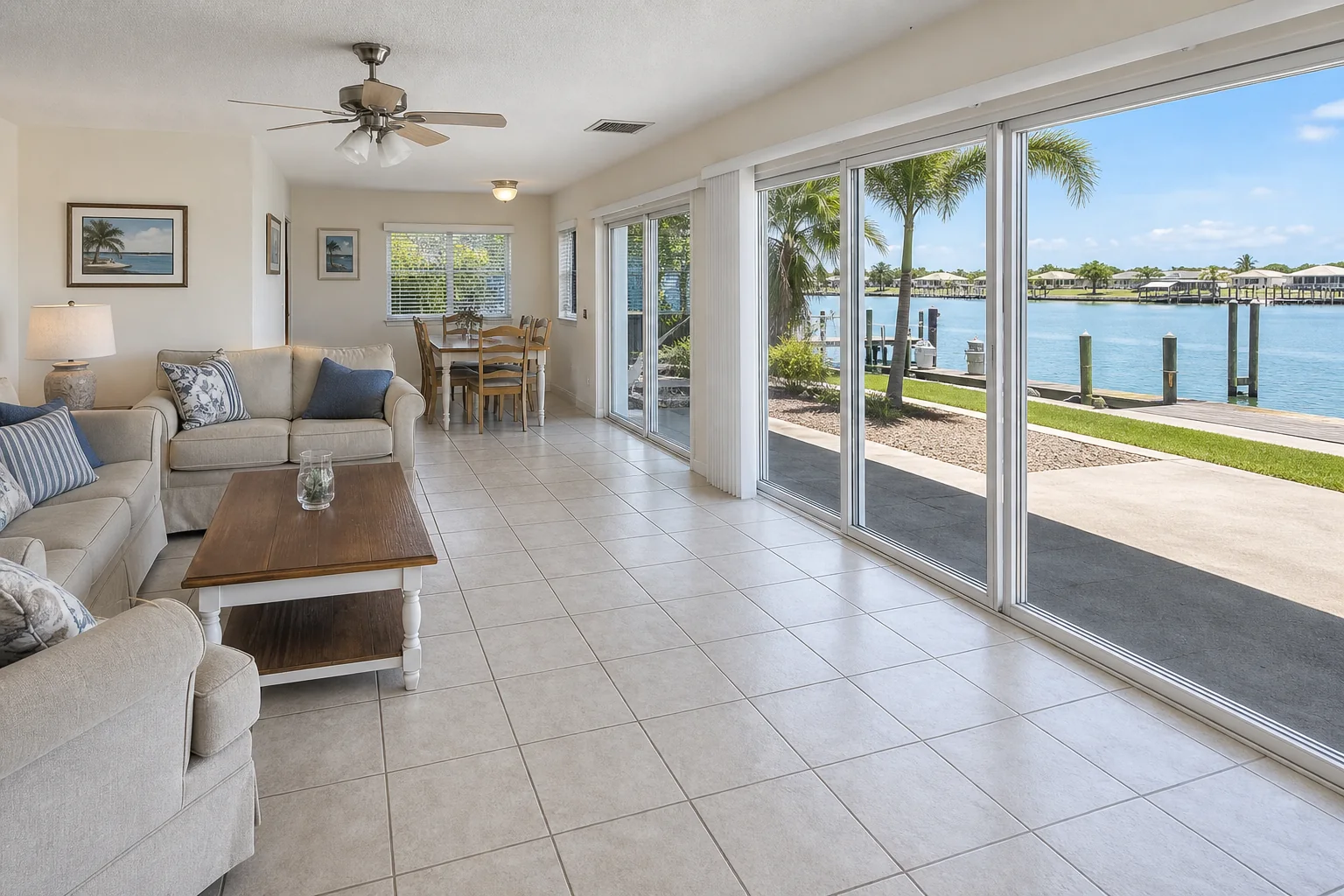 Before luxury vinyl plank flooring installation in Merritt Island FL waterfront home with ceramic tile