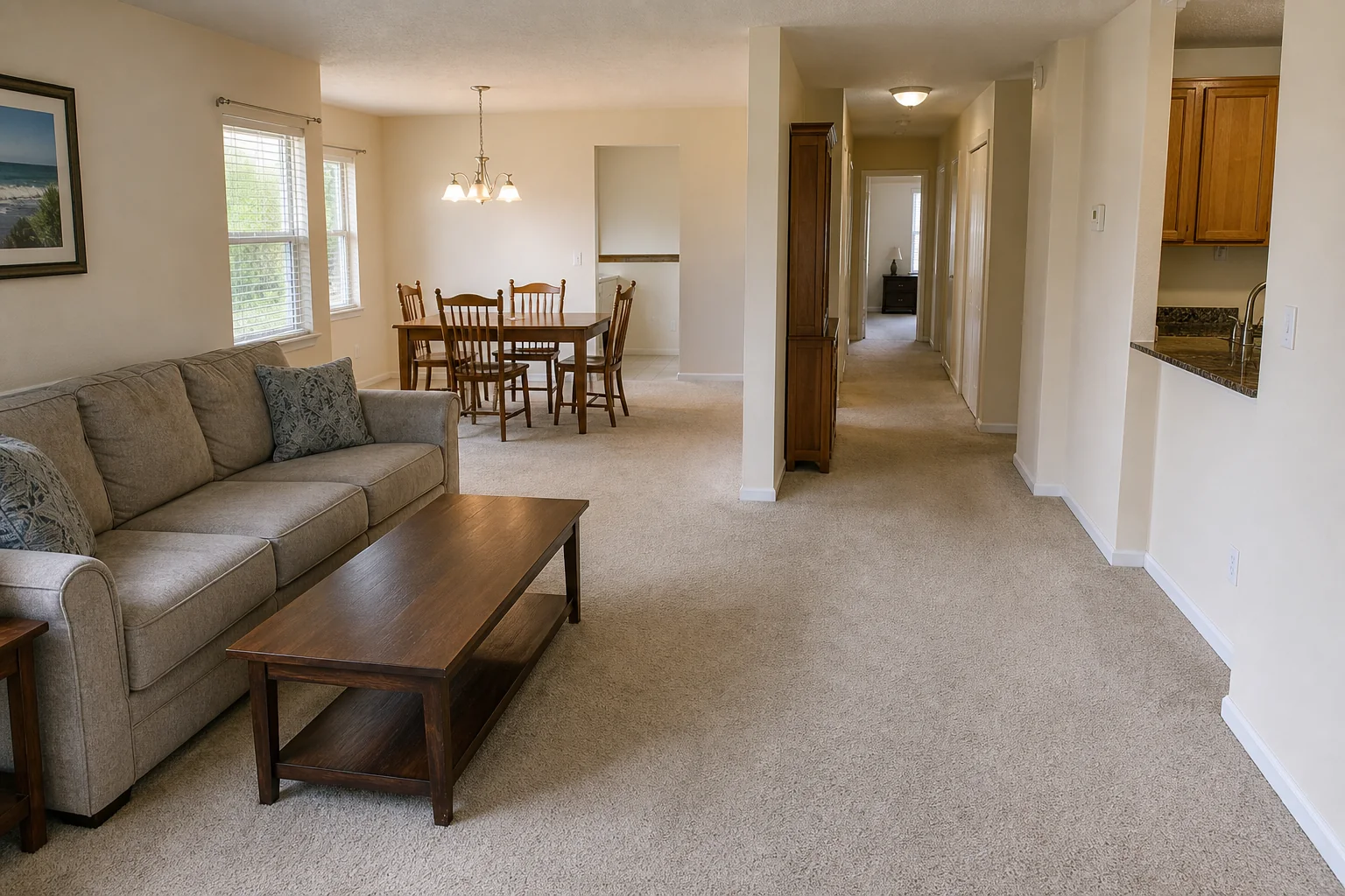Before whole-home luxury vinyl plank flooring installation in Palm Bay FL with beige carpet
