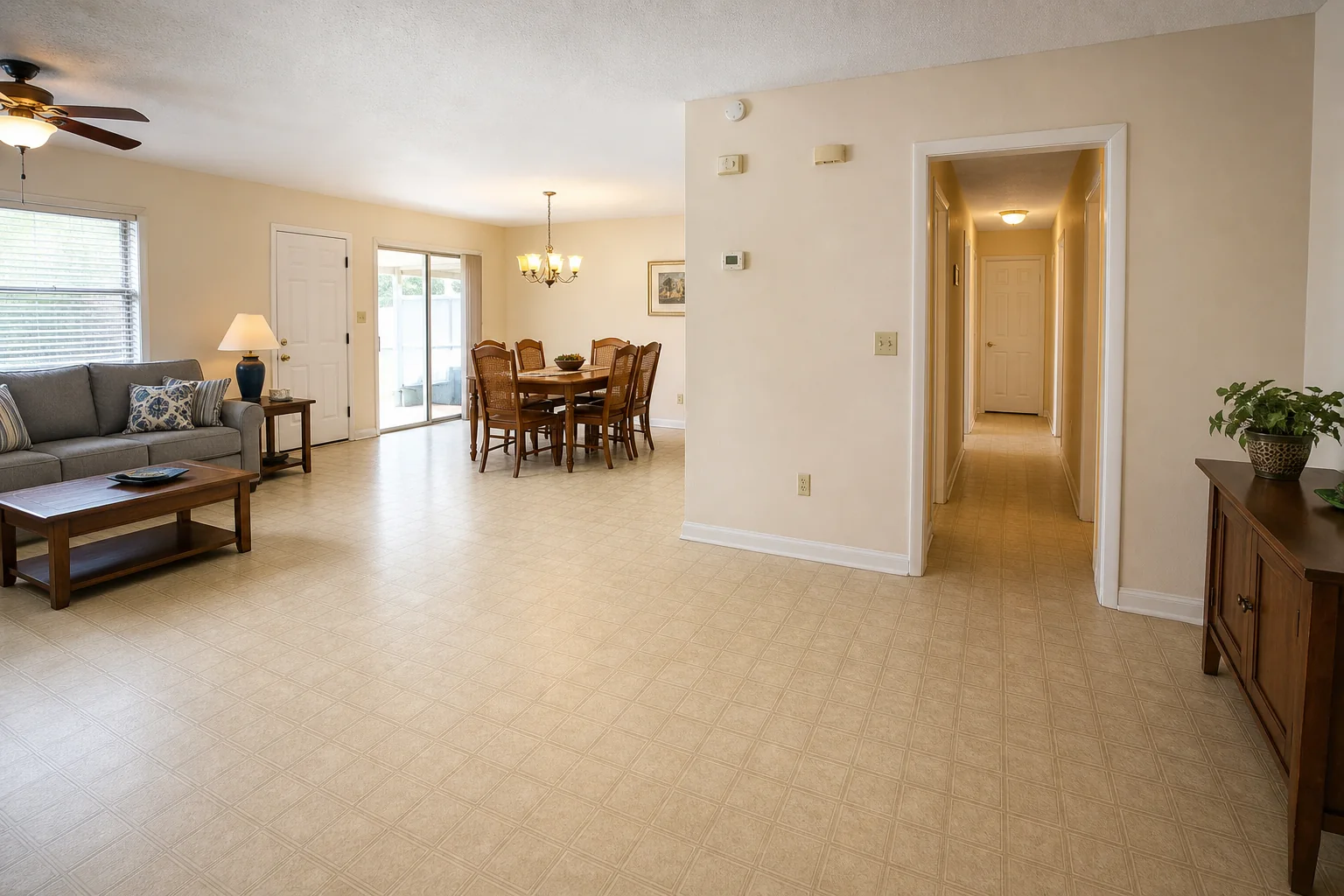 Before luxury vinyl plank flooring installation in Titusville FL home with beige sheet vinyl