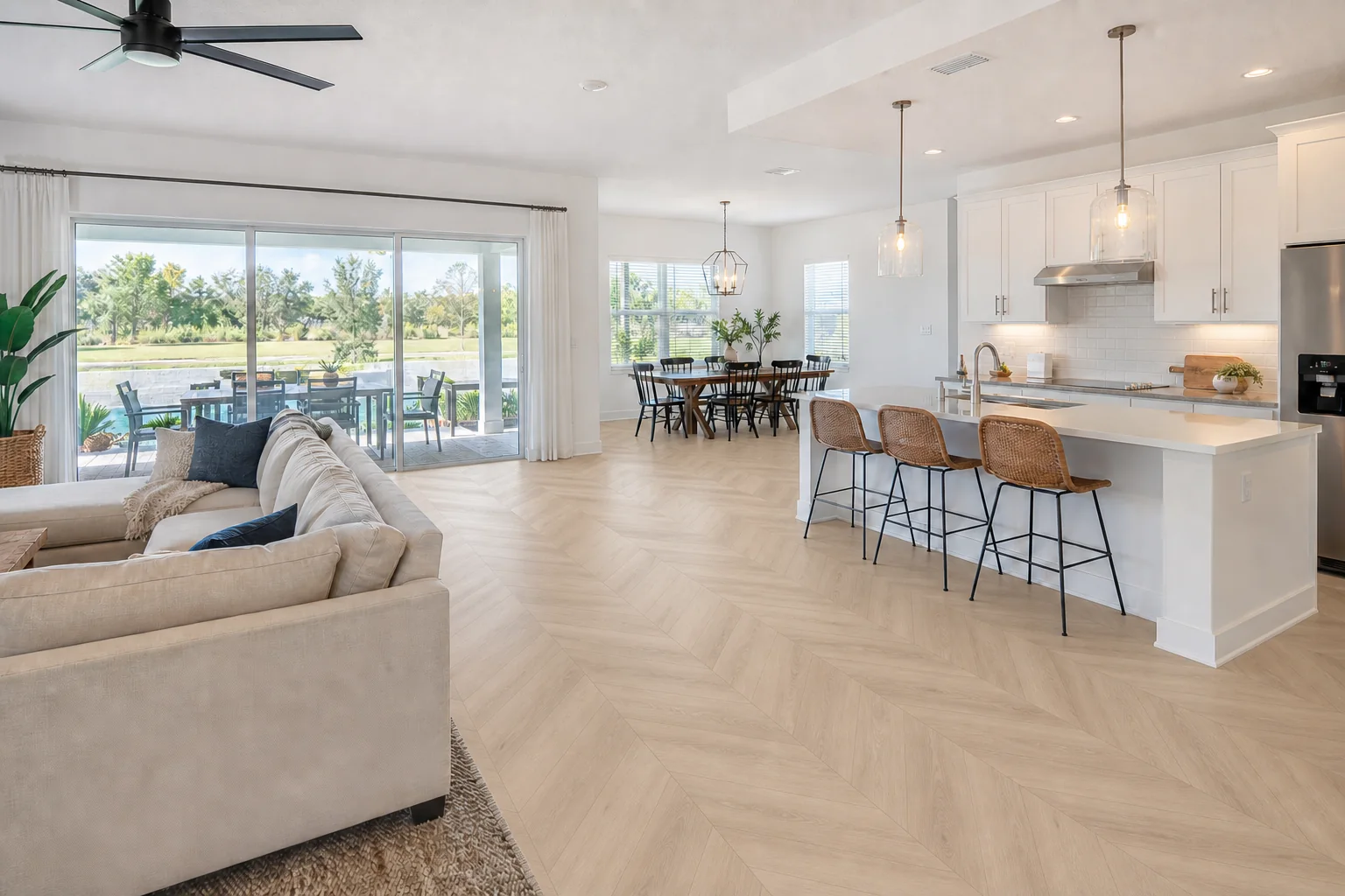 After Chevron luxury vinyl plank flooring installation in Viera FL using Sugar Sand style flooring