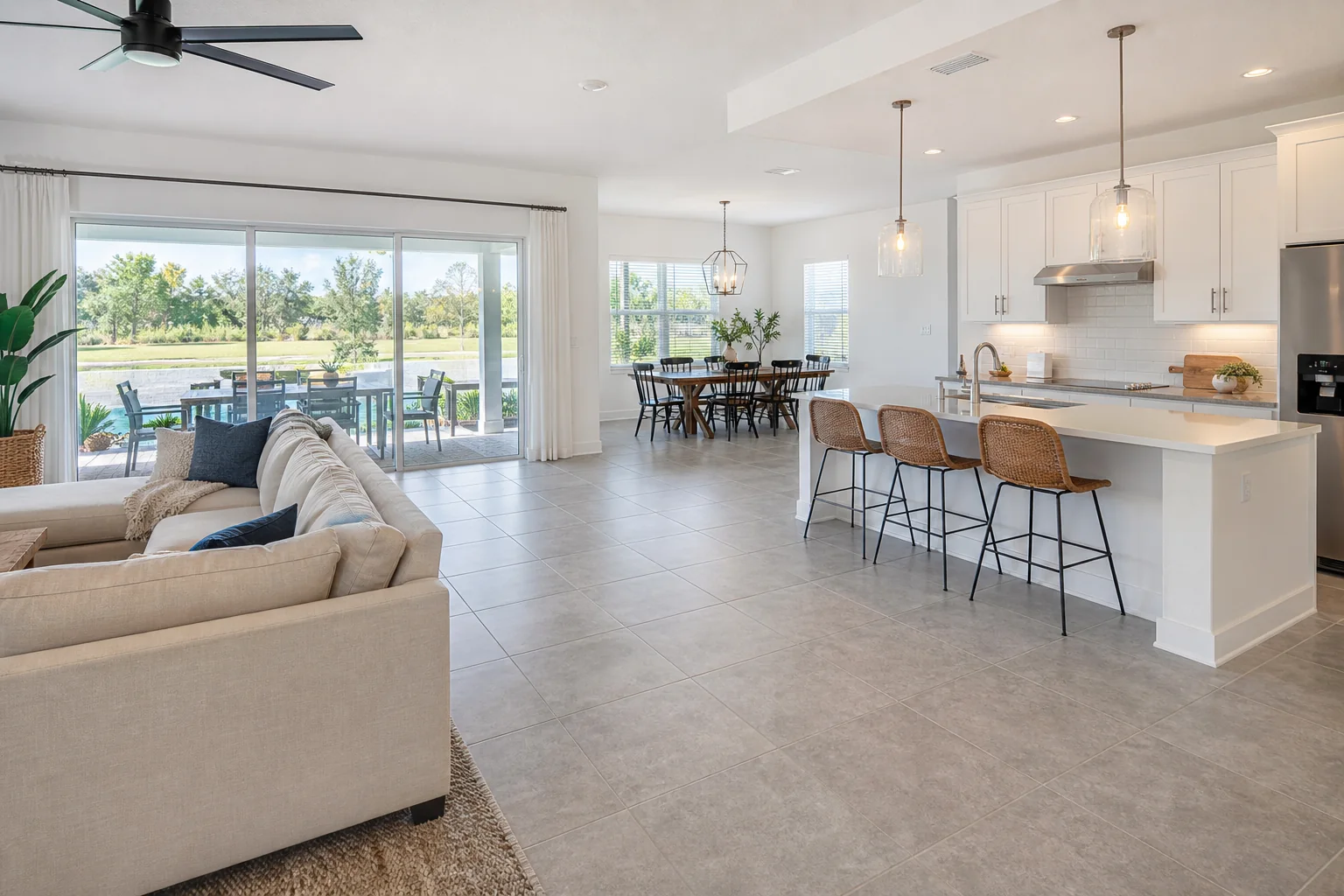 Before luxury vinyl plank flooring installation in Viera FL open-plan home with ceramic tile