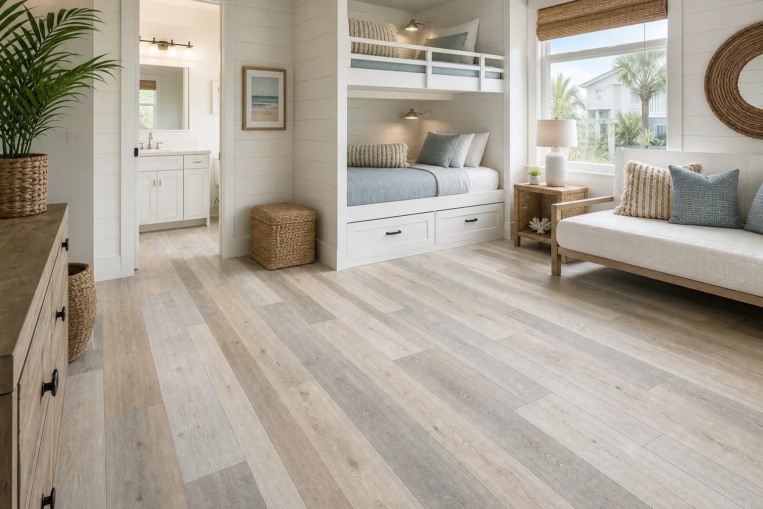 30A beach cottage with light mixed-width LVP Vinyl Plank Flooring