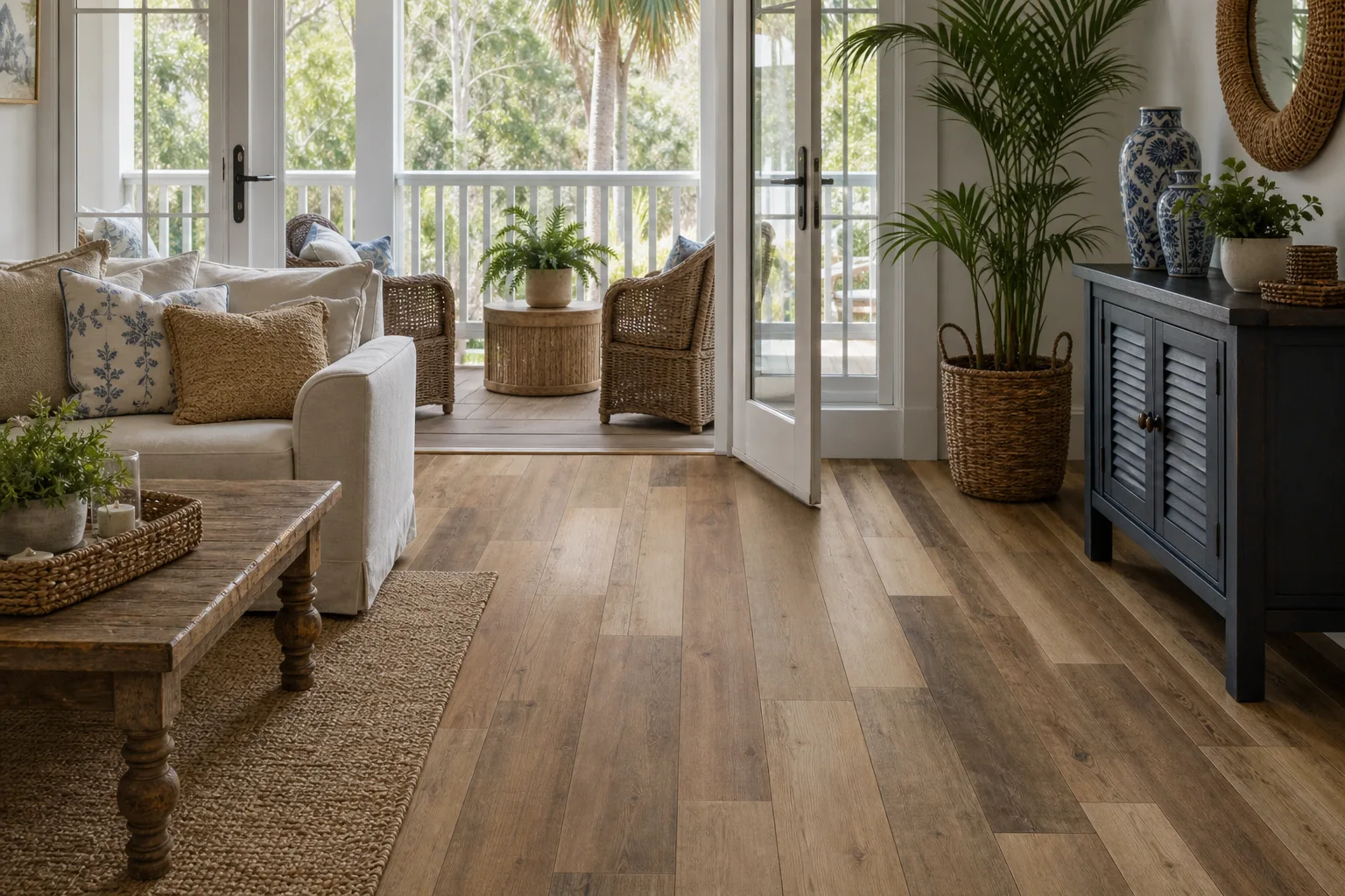 Amelia Island home with warm mixed-width LVP Vinyl Plank Flooring
