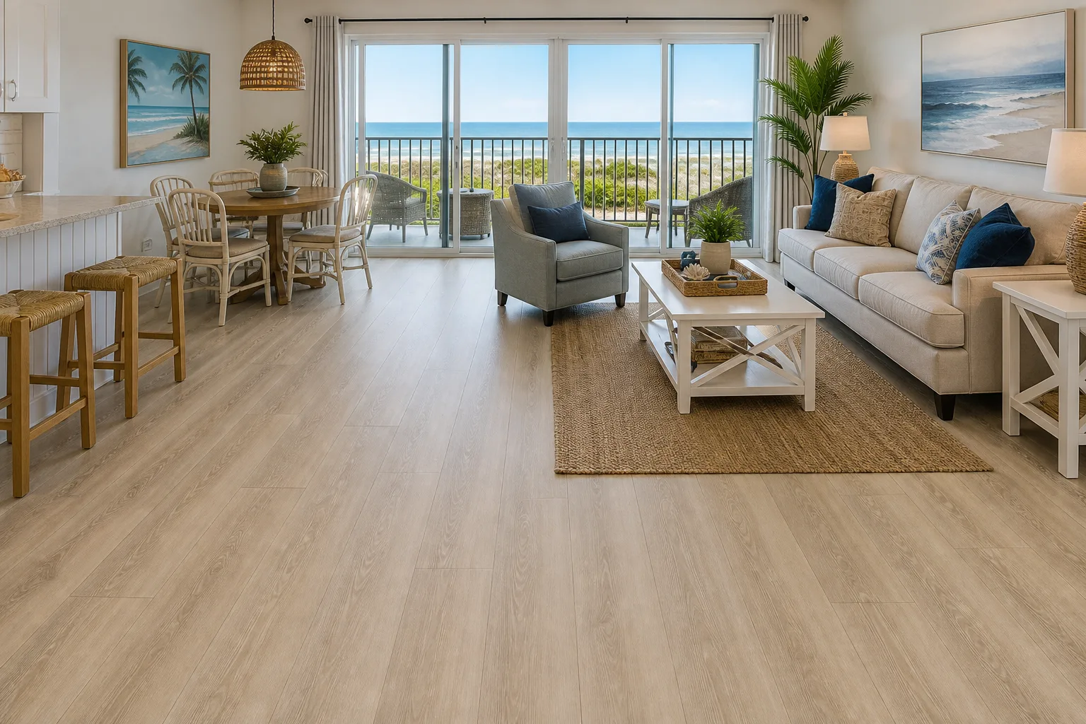 Cape Canaveral condo with light straight-lay LVP Vinyl Plank Flooring