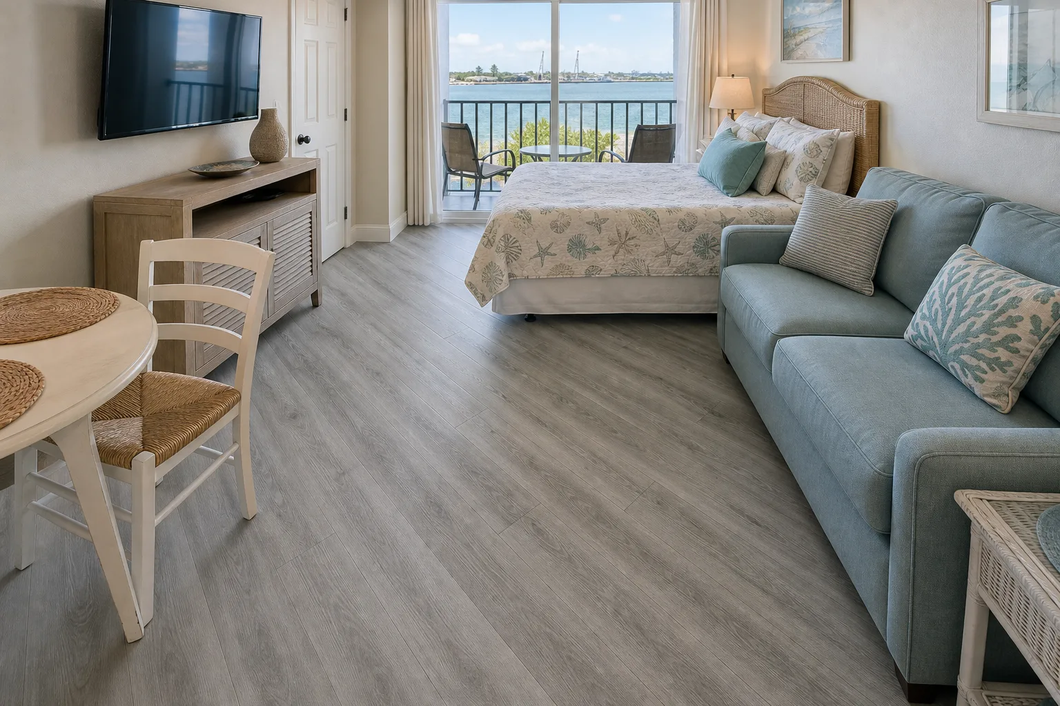 Cape Canaveral rental room with diagonal grey LVP Vinyl Plank Flooring
