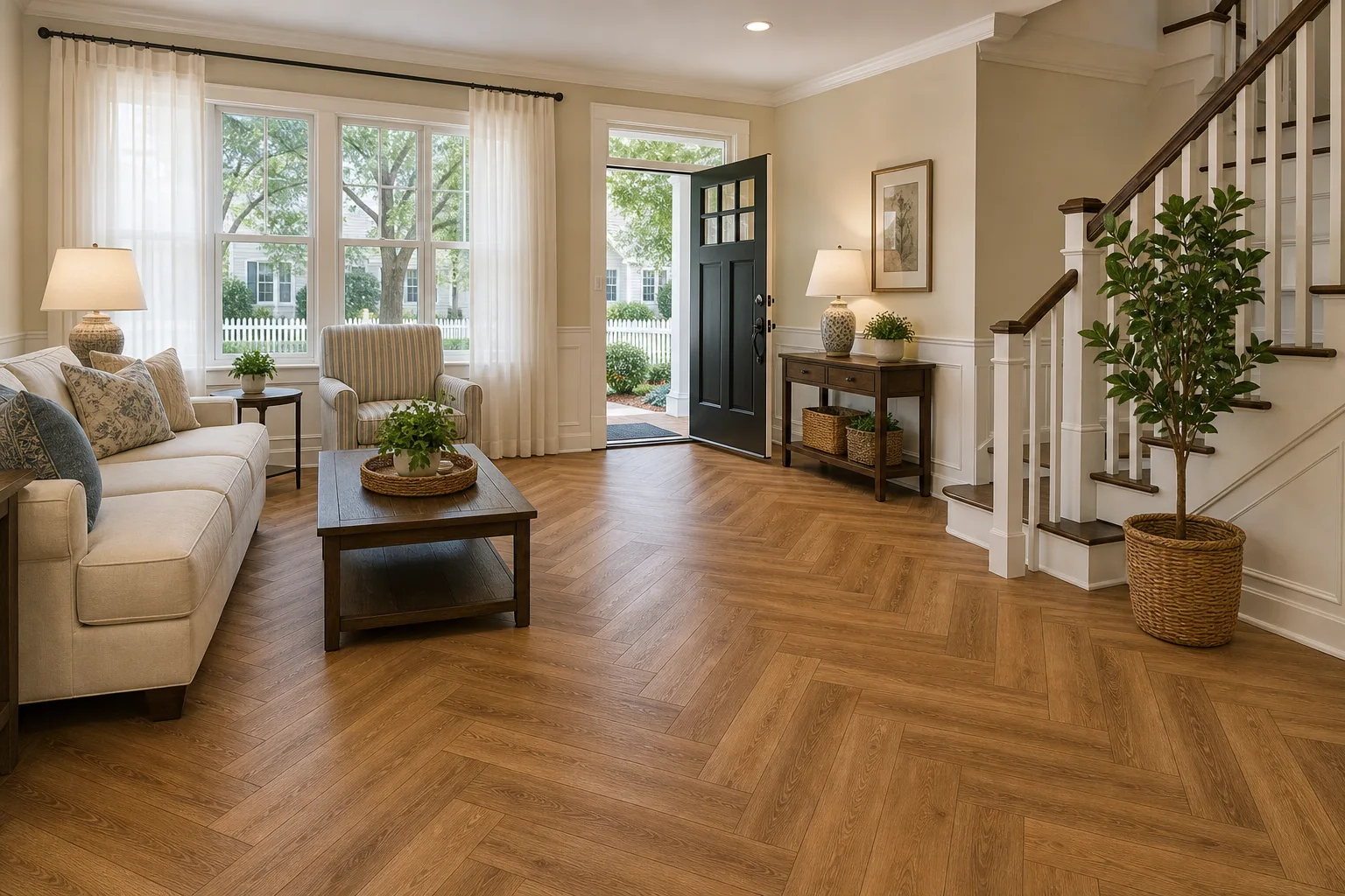 Celebration home with warm herringbone LVP Vinyl Plank Flooring