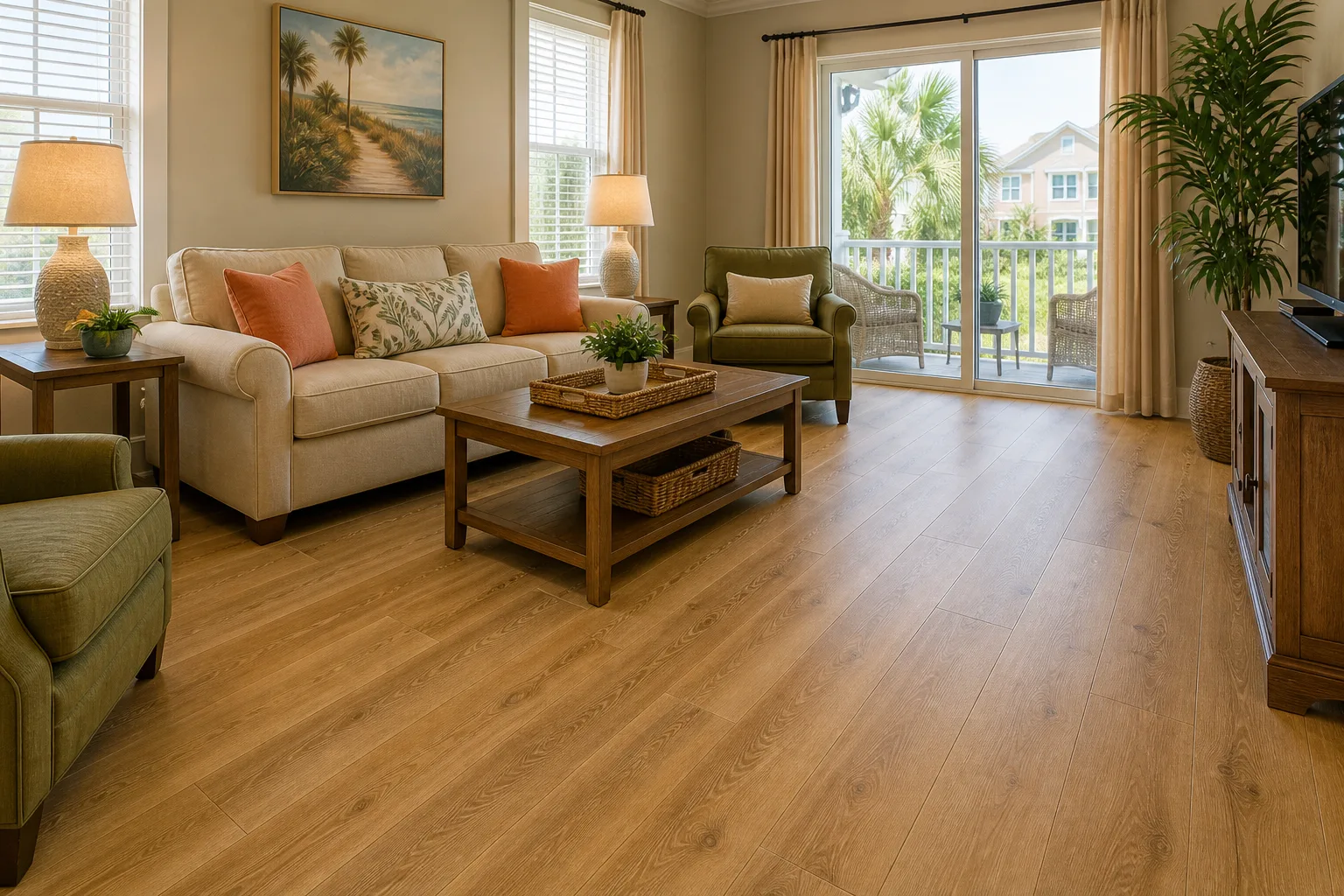 Celebration rental living room with warm straight-lay LVP Vinyl Plank Flooring