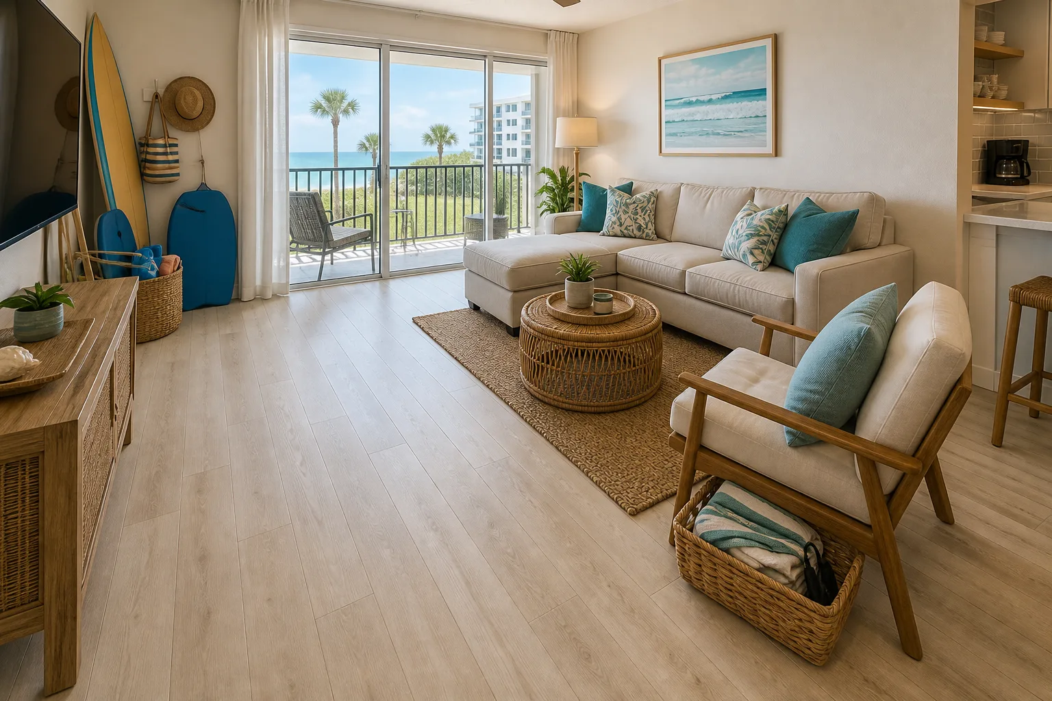 Cocoa Beach condo with light straight-lay LVP Vinyl Plank Flooring