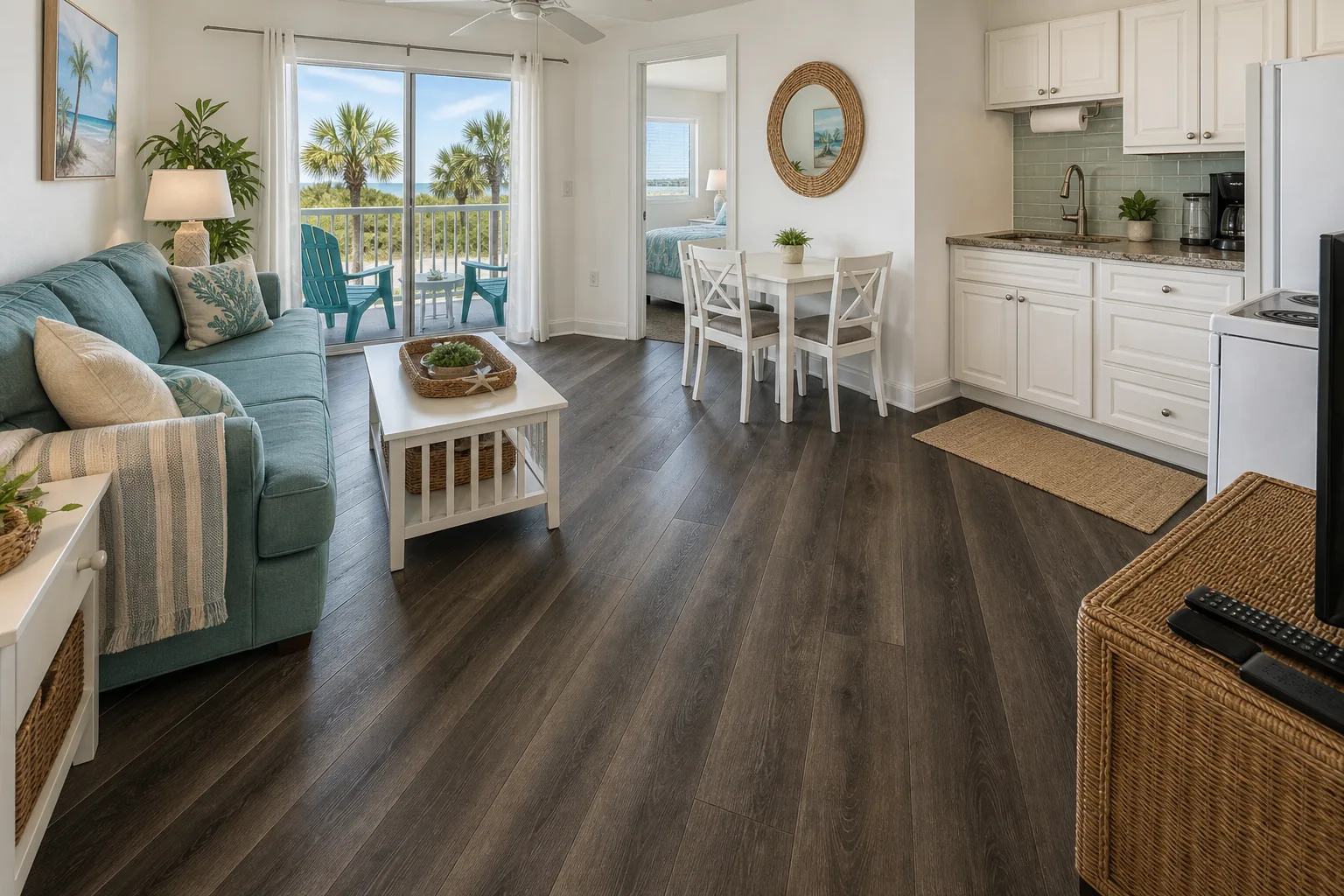 Cocoa Beach beach unit with dark diagonal LVP Vinyl Plank Flooring
