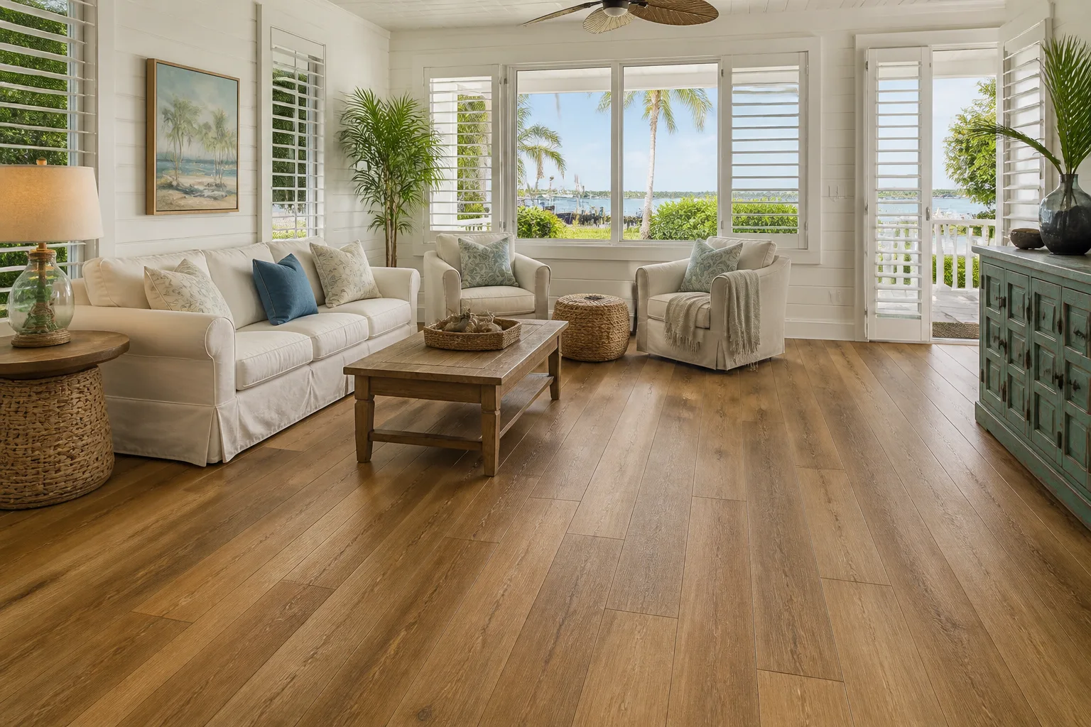 Florida Keys island rental with warm random-stagger LVP Vinyl Plank Flooring