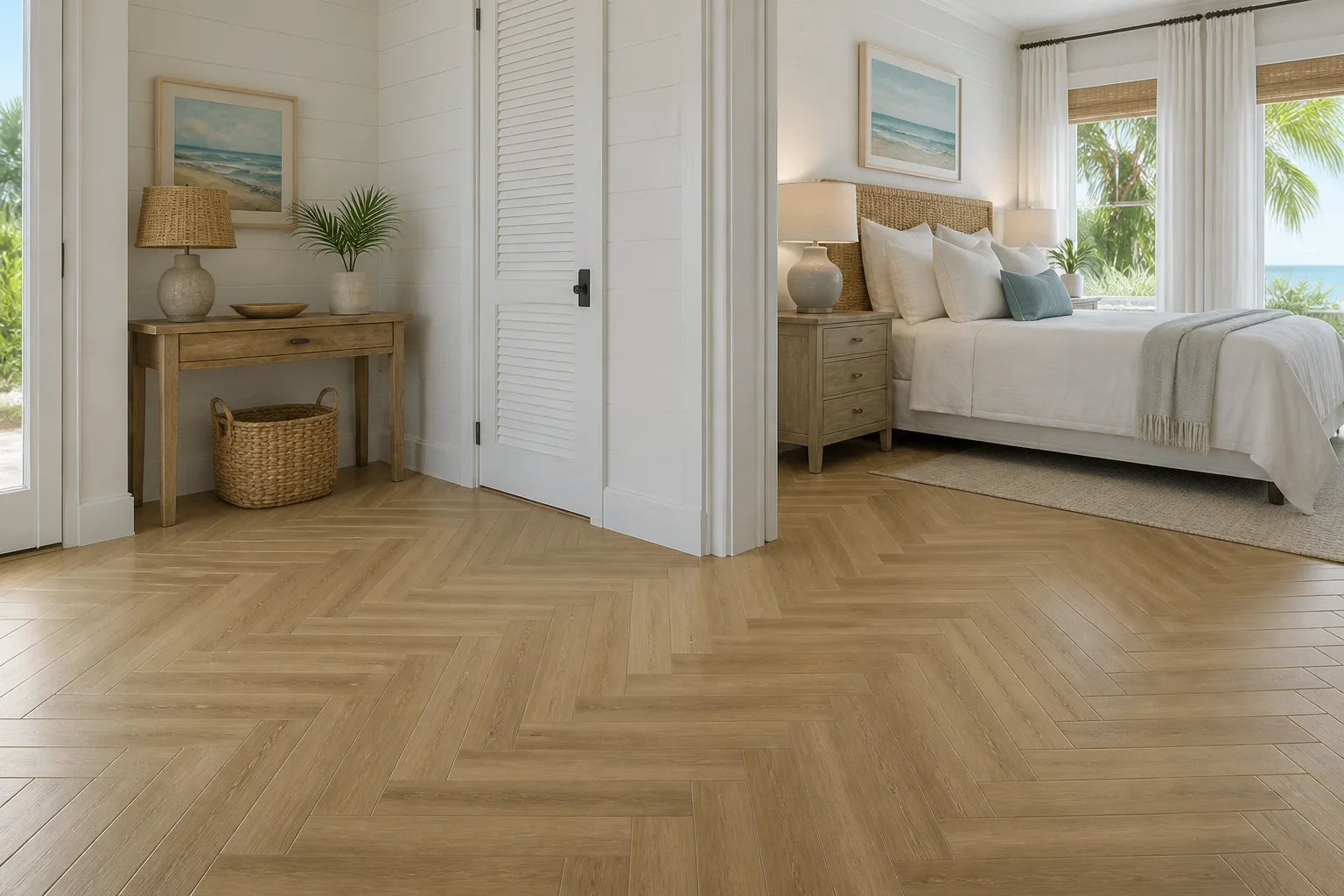 Florida Keys suite with warm herringbone LVP Vinyl Plank Flooring