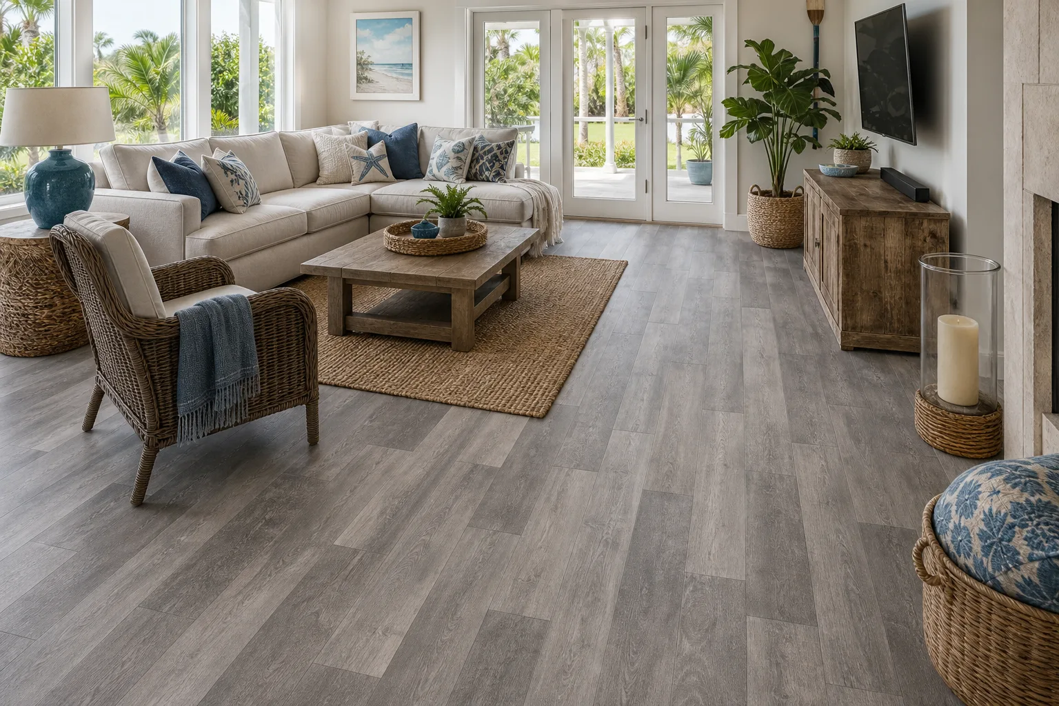 Jupiter coastal family room with grey random-stagger LVP Vinyl Plank Flooring