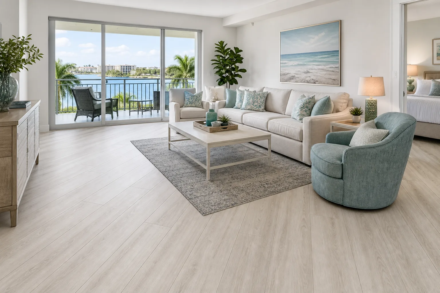 Jupiter waterfront condo with light diagonal LVP Vinyl Plank Flooring