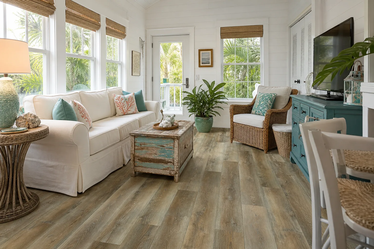 Key West island cottage living room with warm random-stagger LVP Vinyl Plank Flooring