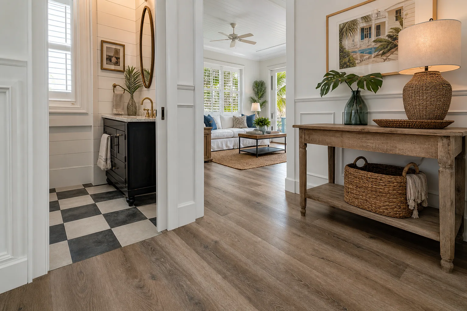Key West entry with checkerboard waterproof vinyl tile accent and LVP Vinyl Plank Flooring planning