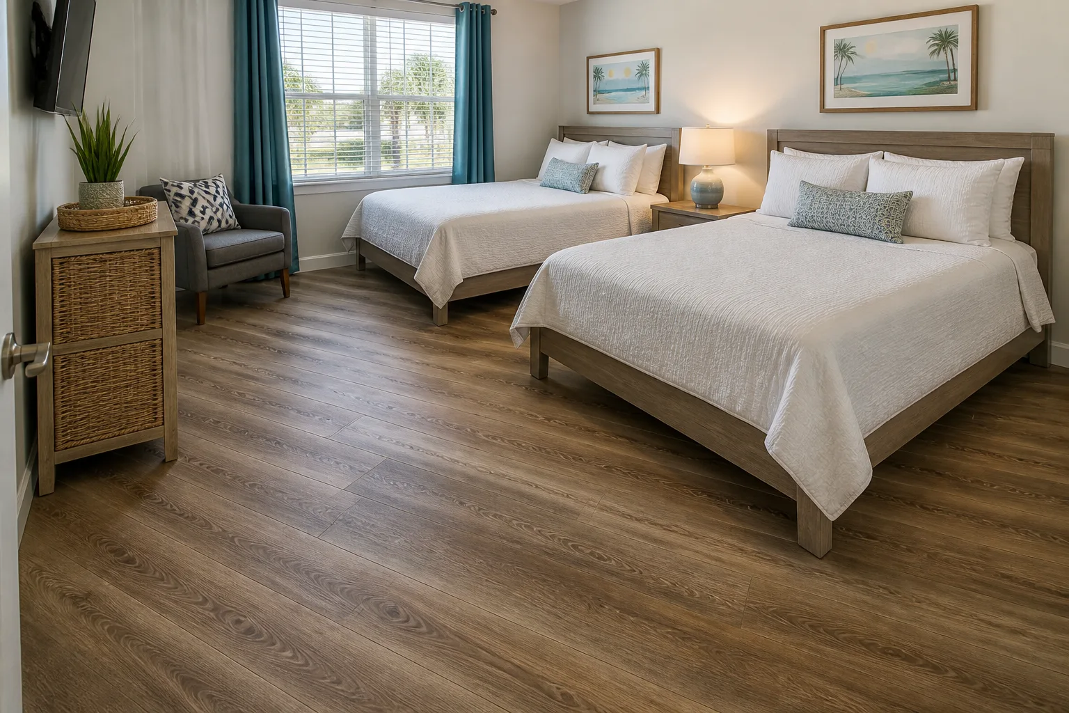Kissimmee guest suite with warm diagonal LVP Vinyl Plank Flooring