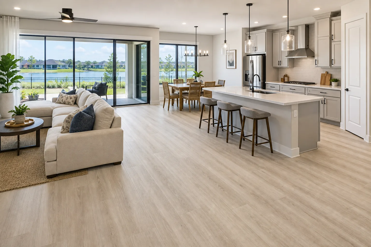 Lake Nona modern home with light straight-lay LVP Vinyl Plank Flooring
