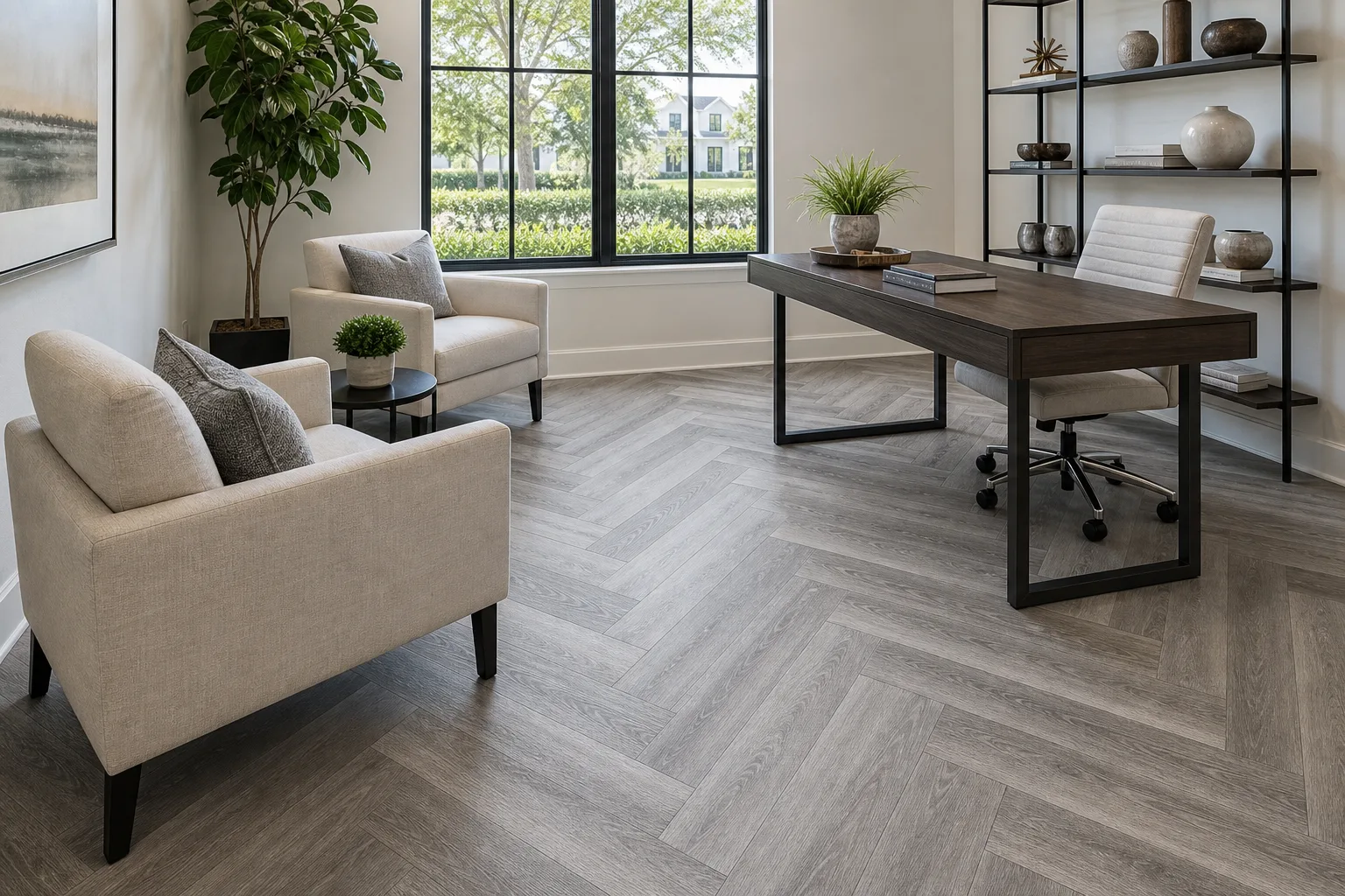 Lake Nona feature room with grey chevron LVP Vinyl Plank Flooring