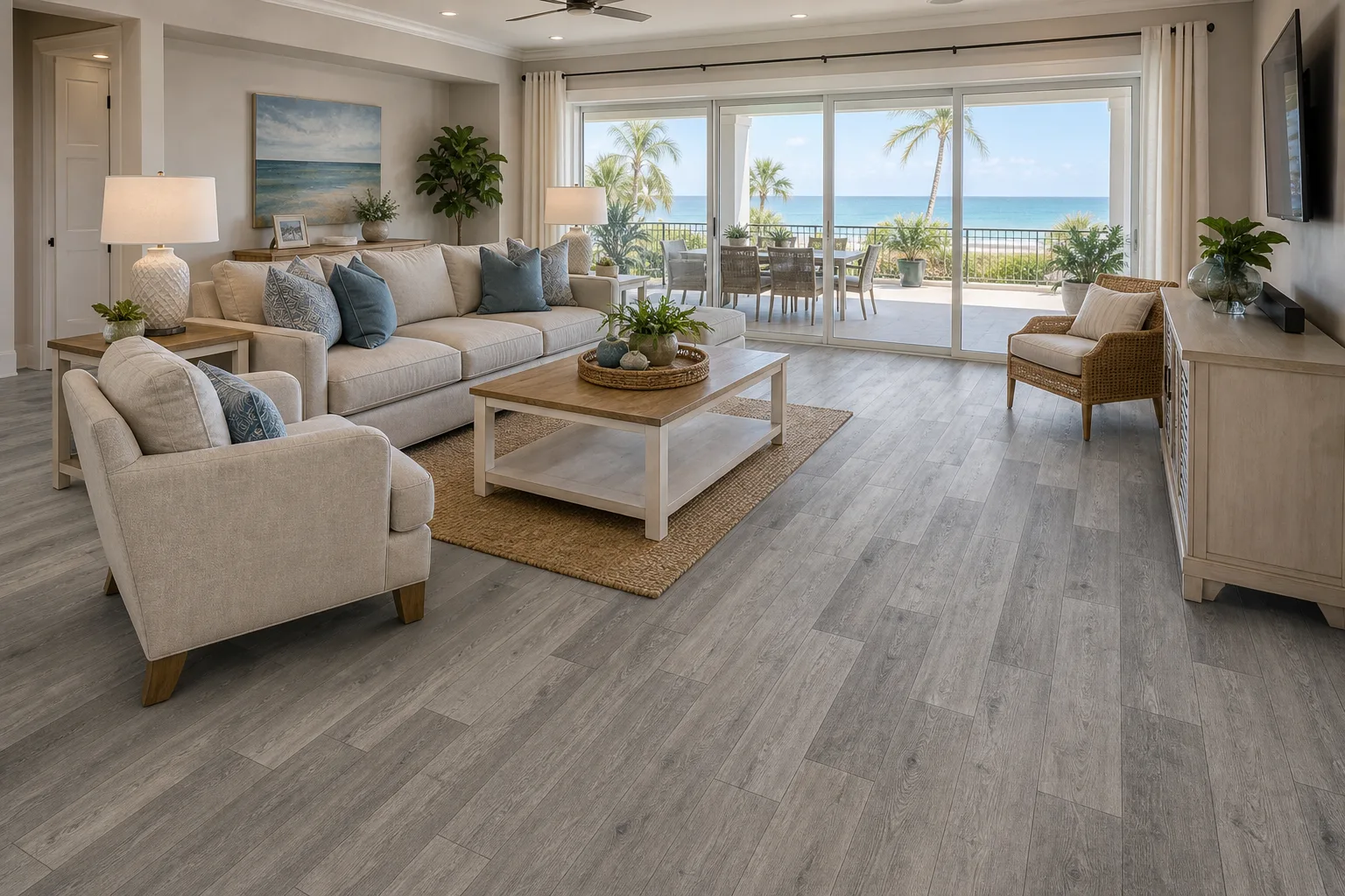 Melbourne Space Coast living room with grey random-stagger LVP Vinyl Plank Flooring