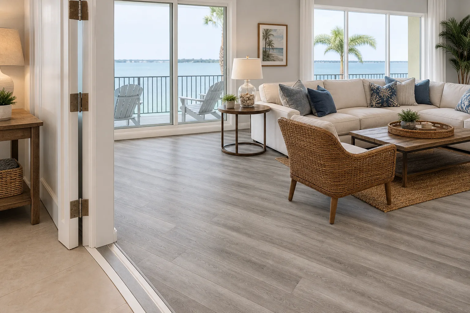 Melbourne waterproof flooring room with diagonal grey LVP Vinyl Plank Flooring