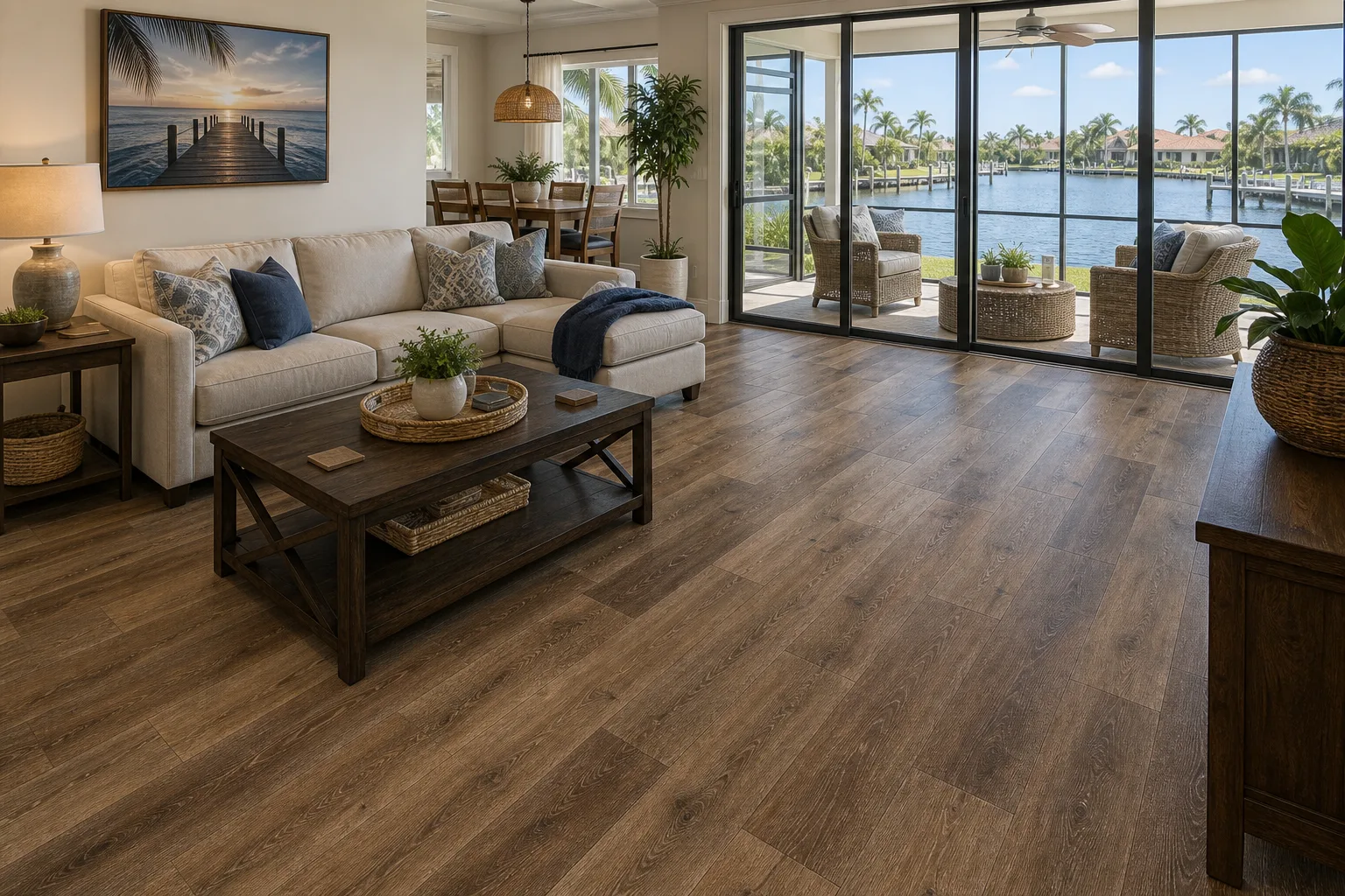 Merritt Island waterfront living room with brown random-stagger LVP Vinyl Plank Flooring