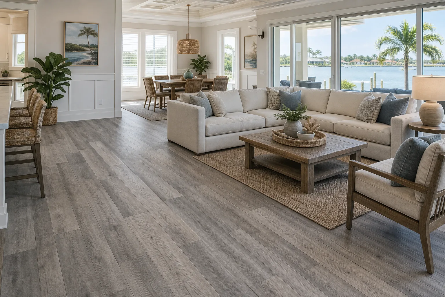 Merritt Island island home with grey mixed-width LVP Vinyl Plank Flooring
