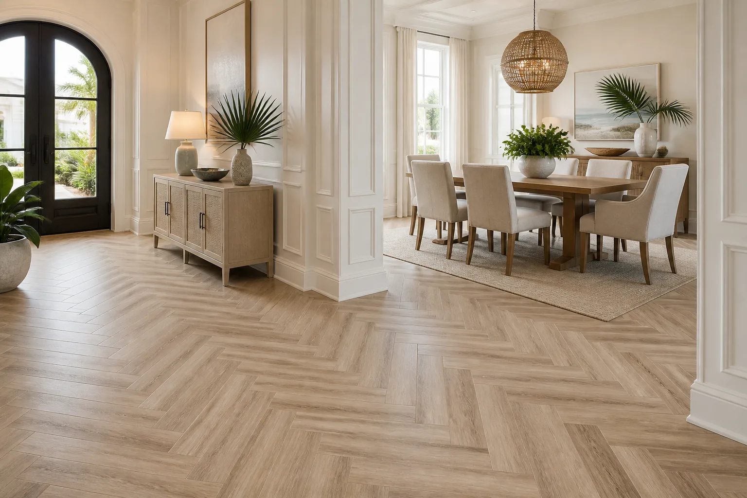 Naples foyer with warm herringbone LVP Vinyl Plank Flooring