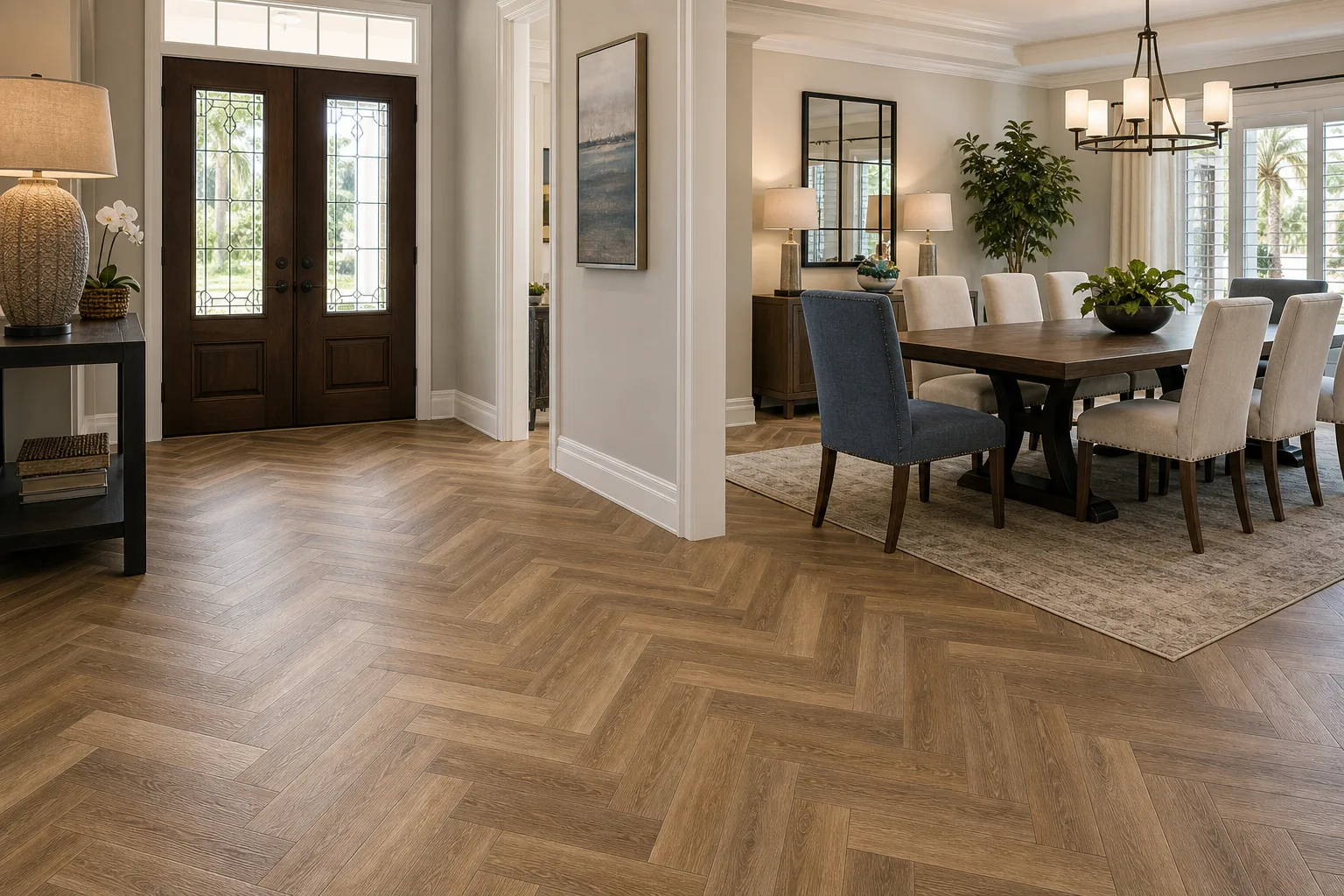 Orlando remodel with warm herringbone LVP Vinyl Plank Flooring