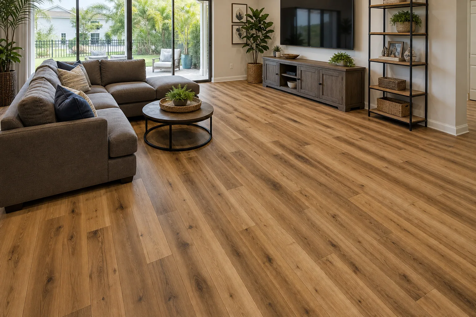 Oviedo family room with warm random-stagger LVP Vinyl Plank Flooring