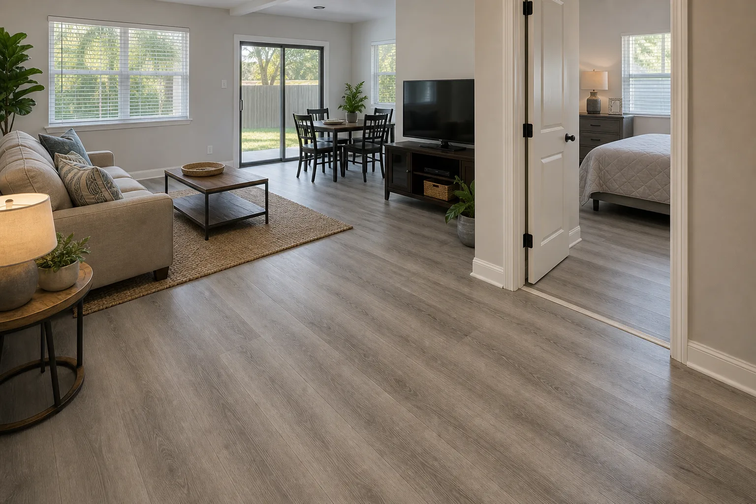Palm Bay remodel with grey straight-lay LVP Vinyl Plank Flooring