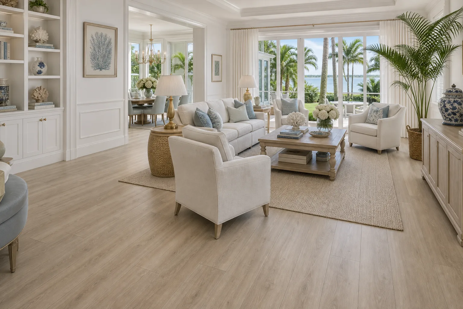 Palm Beach luxury living room with light straight-lay LVP Vinyl Plank Flooring