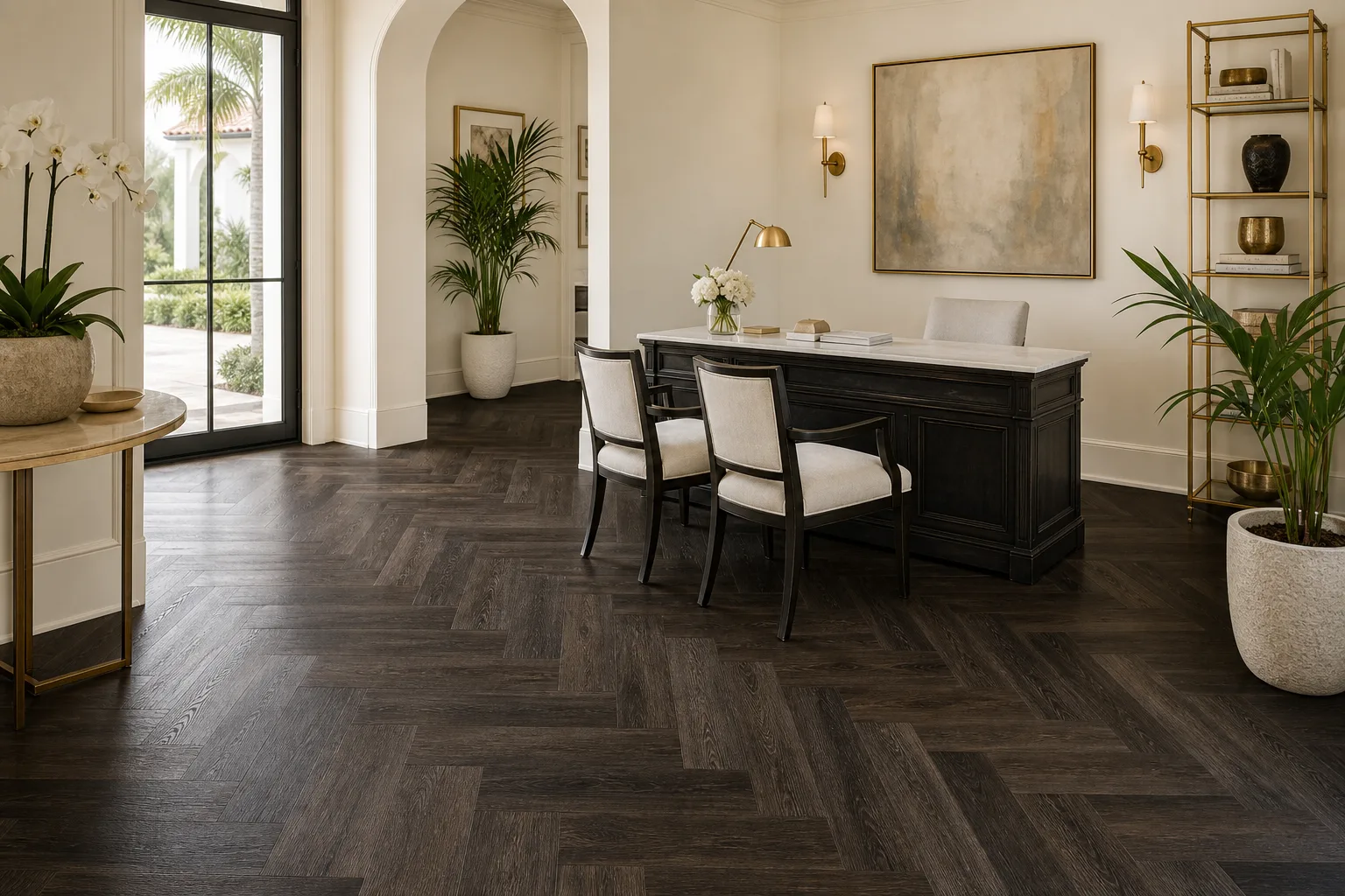 Palm Beach designer office with dark herringbone LVP Vinyl Plank Flooring