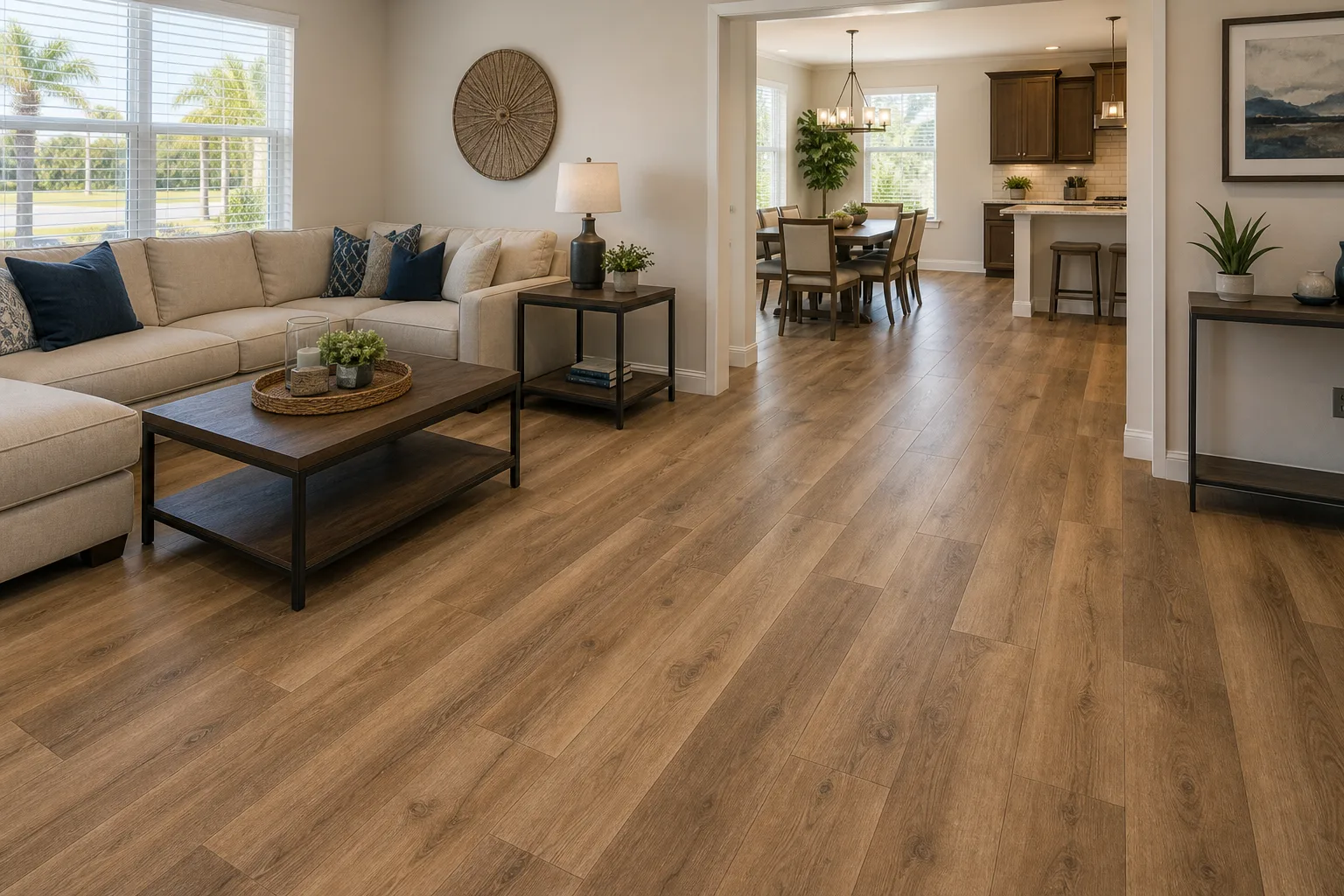 Rockledge family room with warm random-stagger LVP Vinyl Plank Flooring