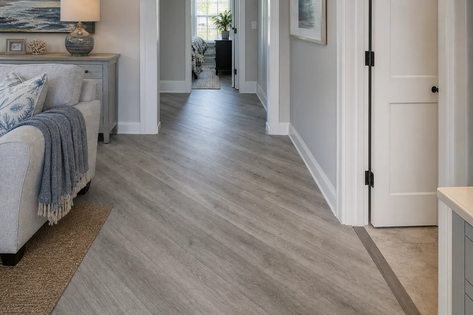 Rockledge hallway with diagonal grey LVP Vinyl Plank Flooring transition