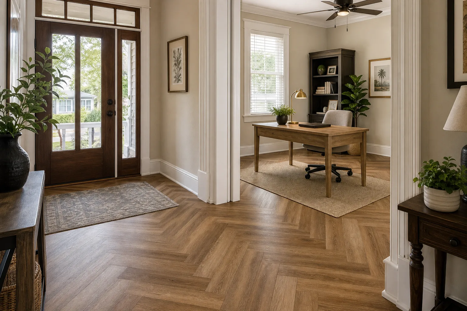 Sanford entry with warm herringbone LVP Vinyl Plank Flooring