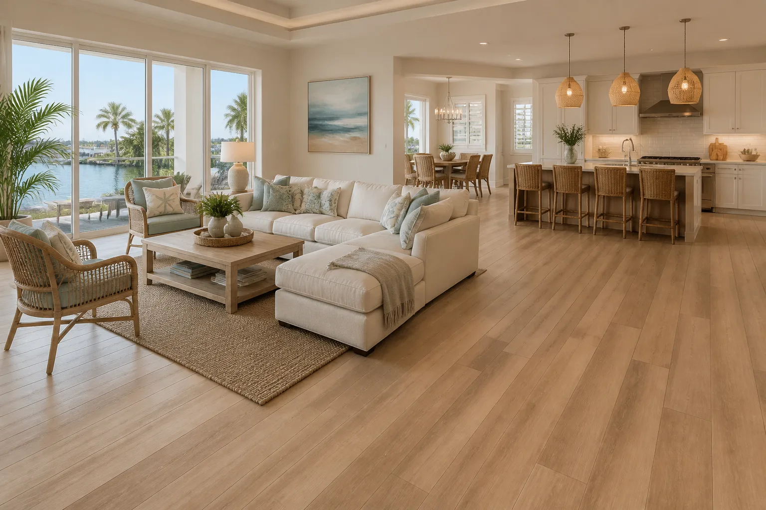 Sarasota open-plan living room with warm straight-lay LVP Vinyl Plank Flooring
