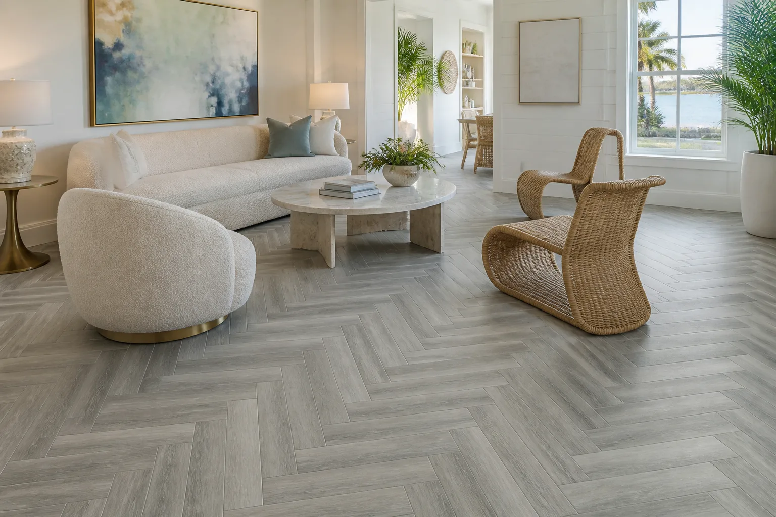Sarasota designer room with cool grey herringbone LVP Vinyl Plank Flooring