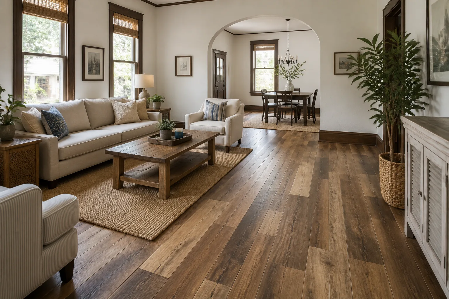 St. Augustine character home with brown mixed-width LVP Vinyl Plank Flooring