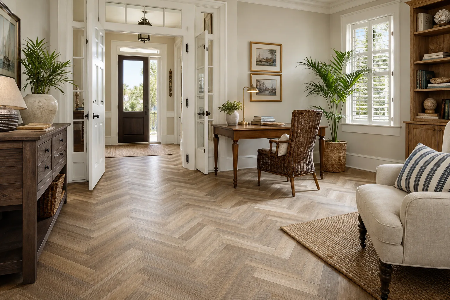 St. Augustine entry with warm herringbone LVP Vinyl Plank Flooring