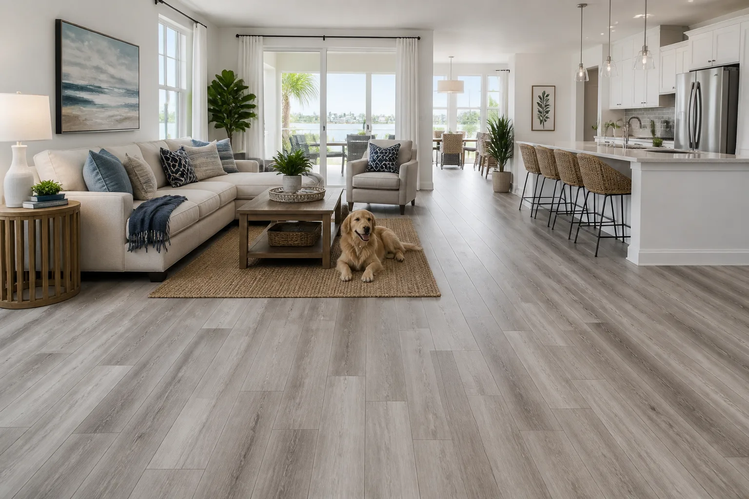Tampa Bay remodel with grey random-stagger LVP Vinyl Plank Flooring