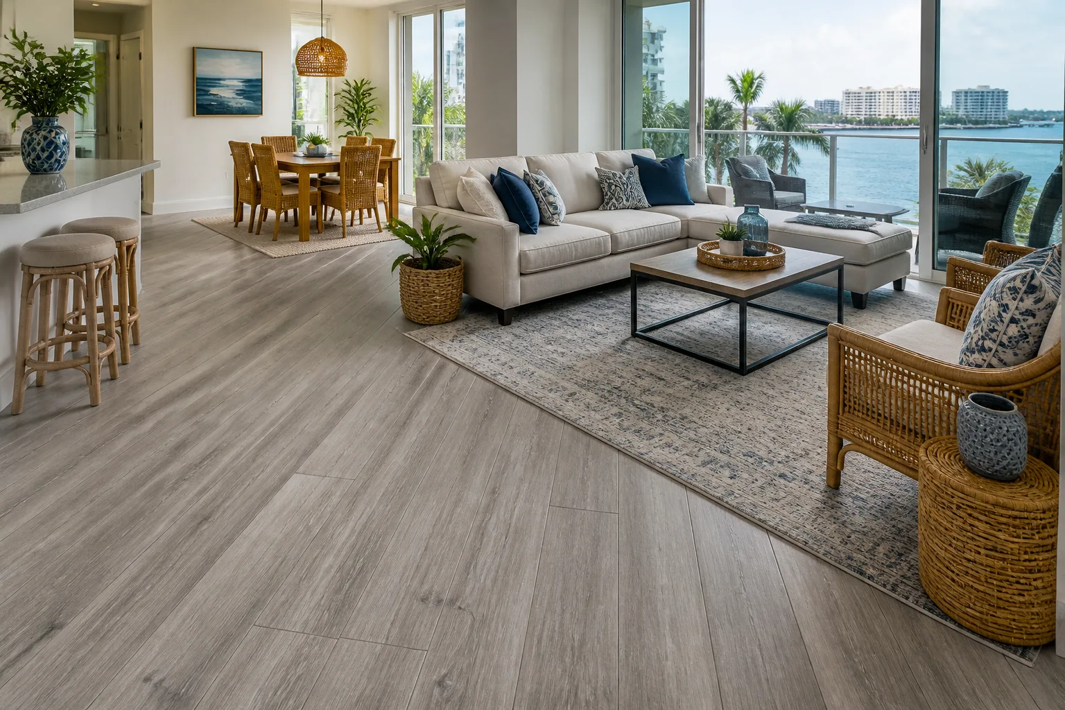 Tampa Bay condo with diagonal grey LVP Vinyl Plank Flooring