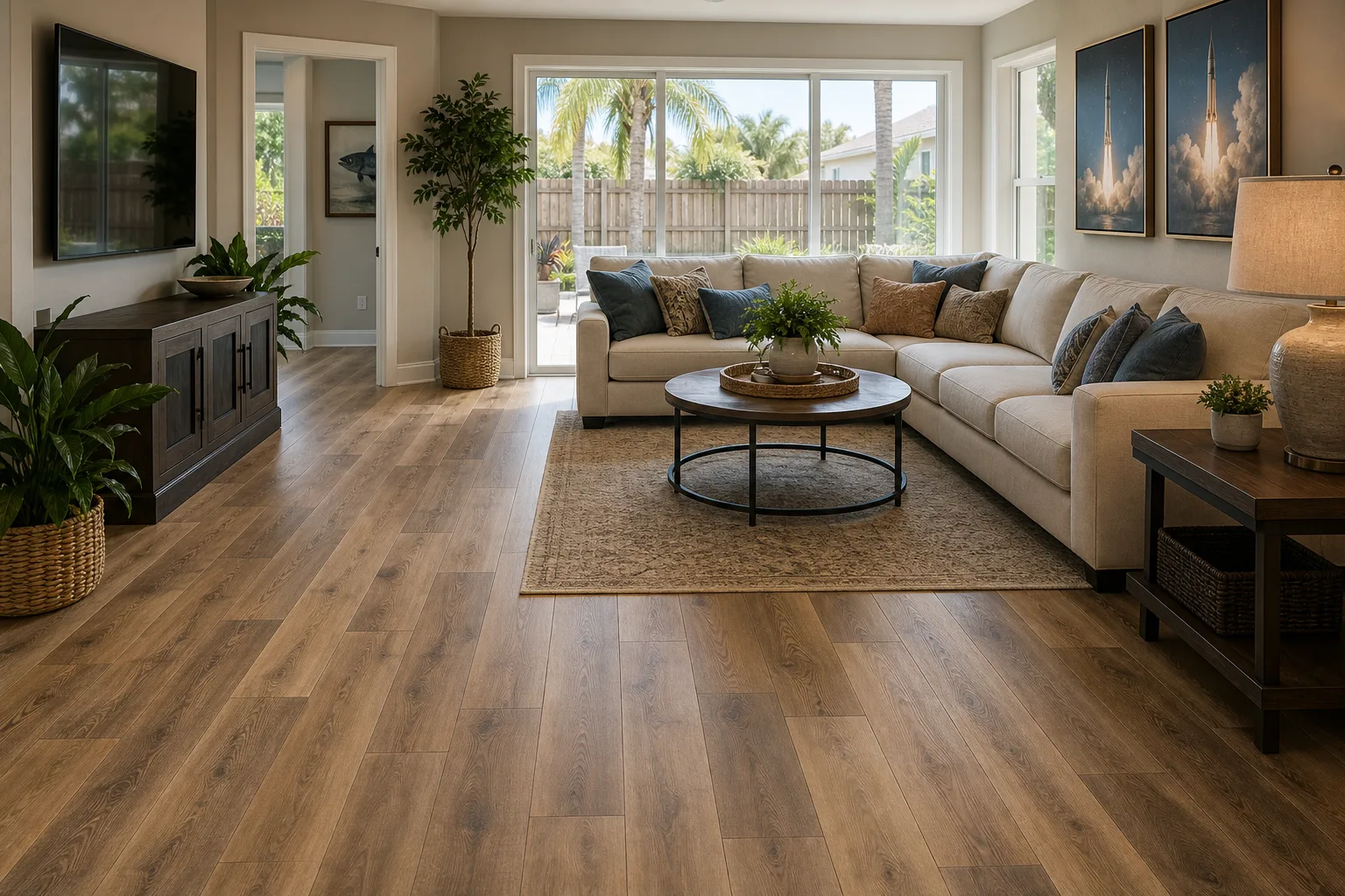Titusville family living room with warm random-stagger LVP Vinyl Plank Flooring