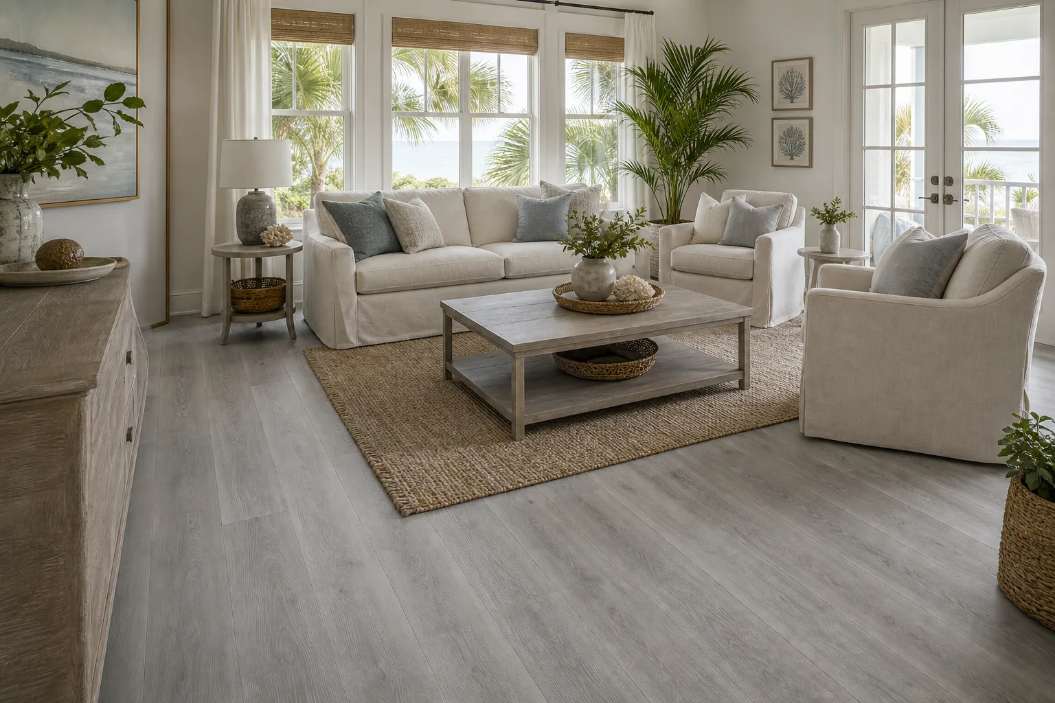 Vero Beach coastal living room with grey straight-lay LVP Vinyl Plank Flooring