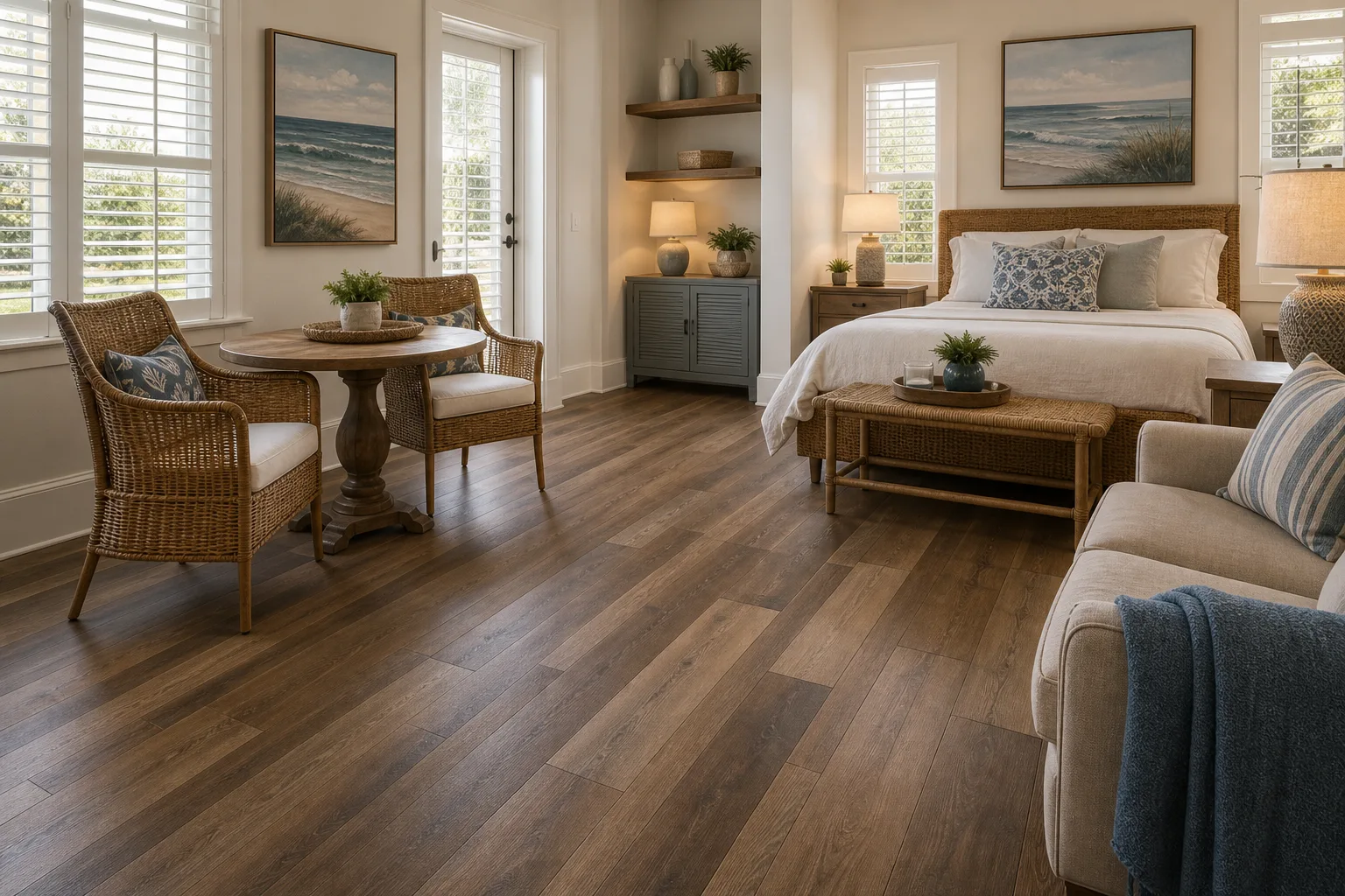 Vero Beach guest space with brown mixed-width LVP Vinyl Plank Flooring
